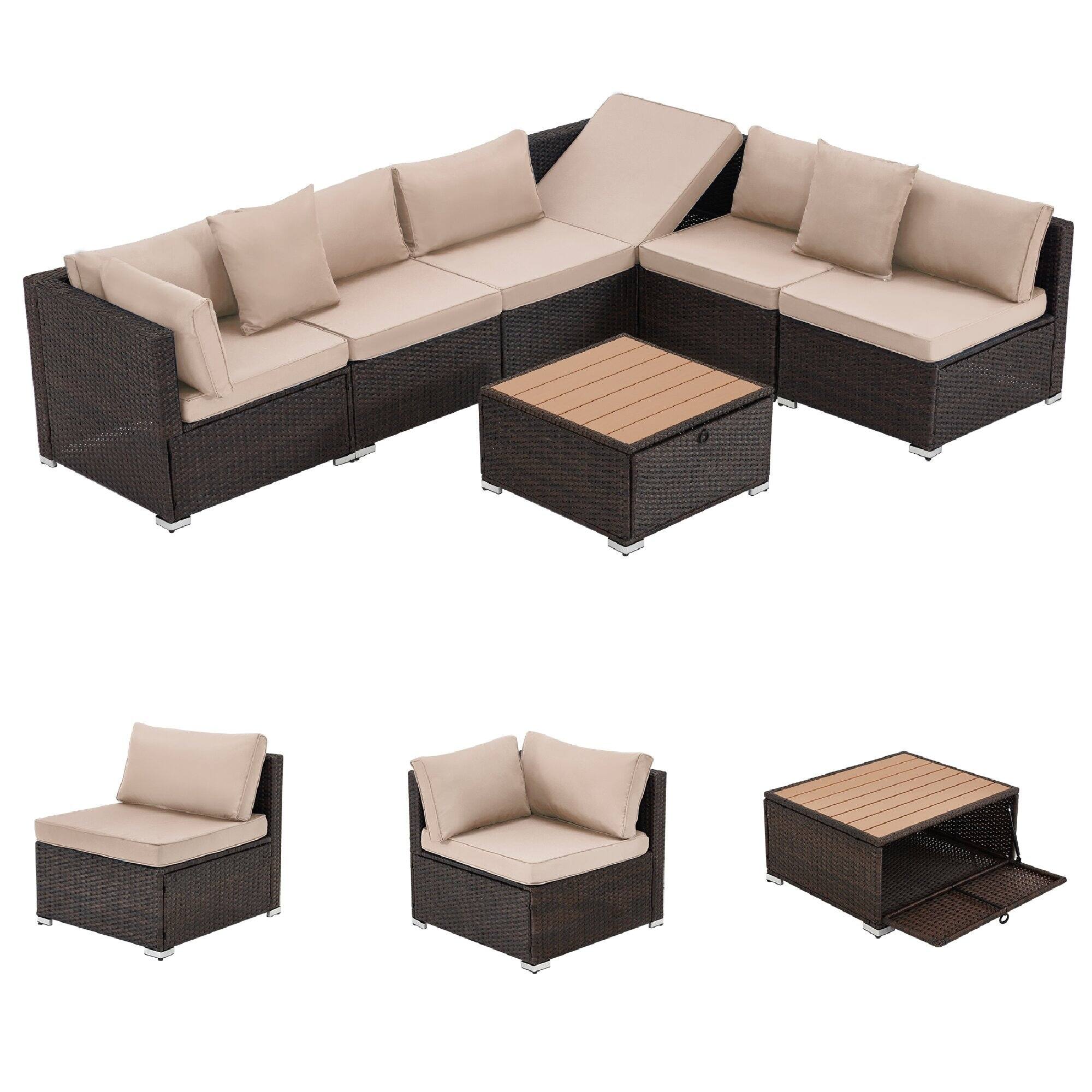 Alt View 4. U-HOMY - 7-Piece Modular Outdoor Rattan Sofa Set – All-Weather Wicker Patio Furniture with Storage Table, Cushions & Pillows - Khaki.