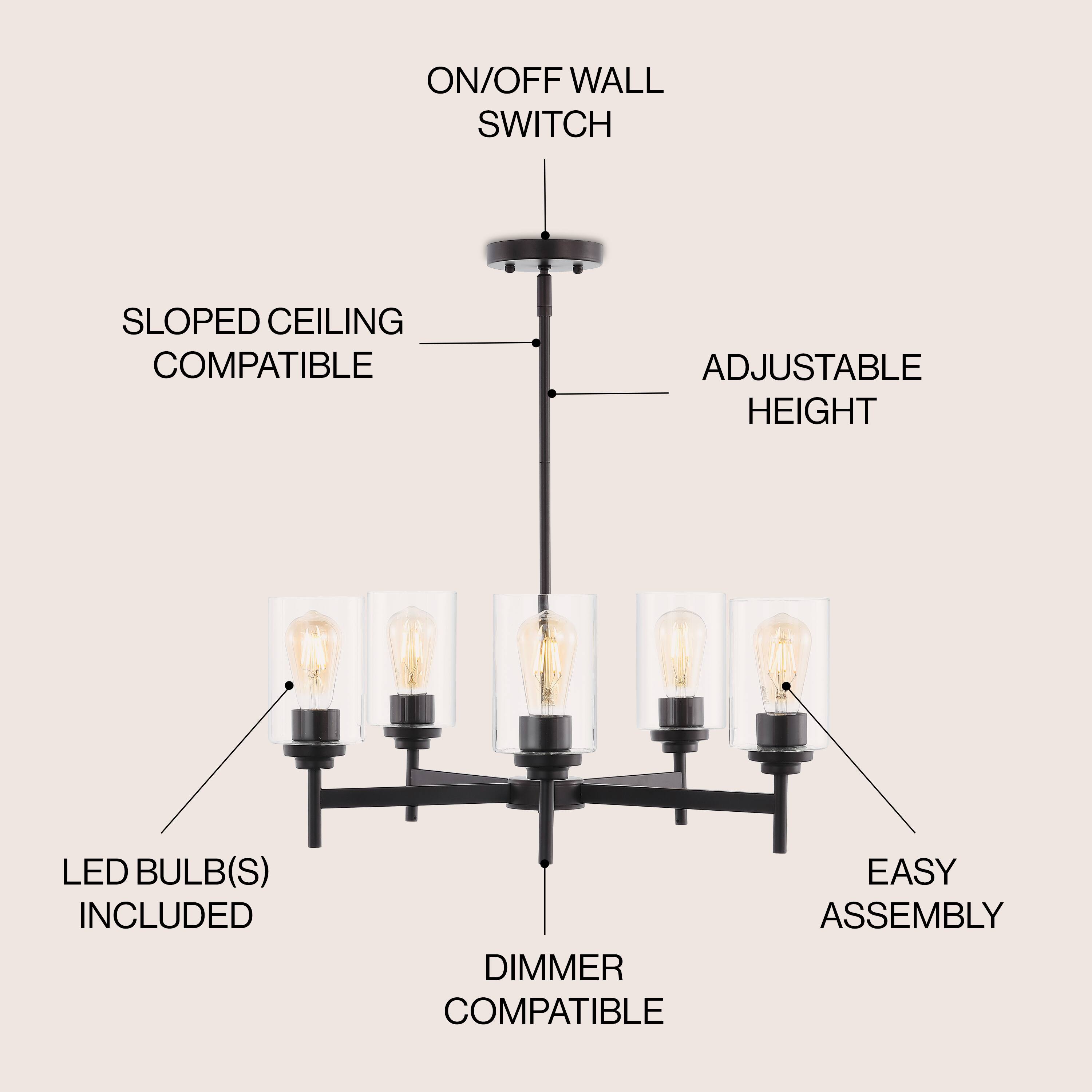 ON/OFF WALL SWITCH  
SLOPED CEILING COMPATIBLE  
ADJUSTABLE HEIGHT  
LED BULB(S) INCLUDED  
DIMMER COMPATIBLE  
EASY ASSEMBLY