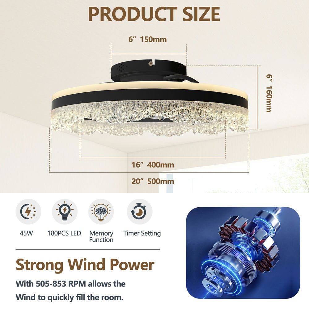 PRODUCT SIZE  
6" 150mm  
6" 160mm  
16" 400mm  
20" 500mm  

45W  
180PCS LED  
Memory Function  
Timer Setting  

Strong Wind Power  
With 505-853 RPM allows the Wind to quickly fill the room.