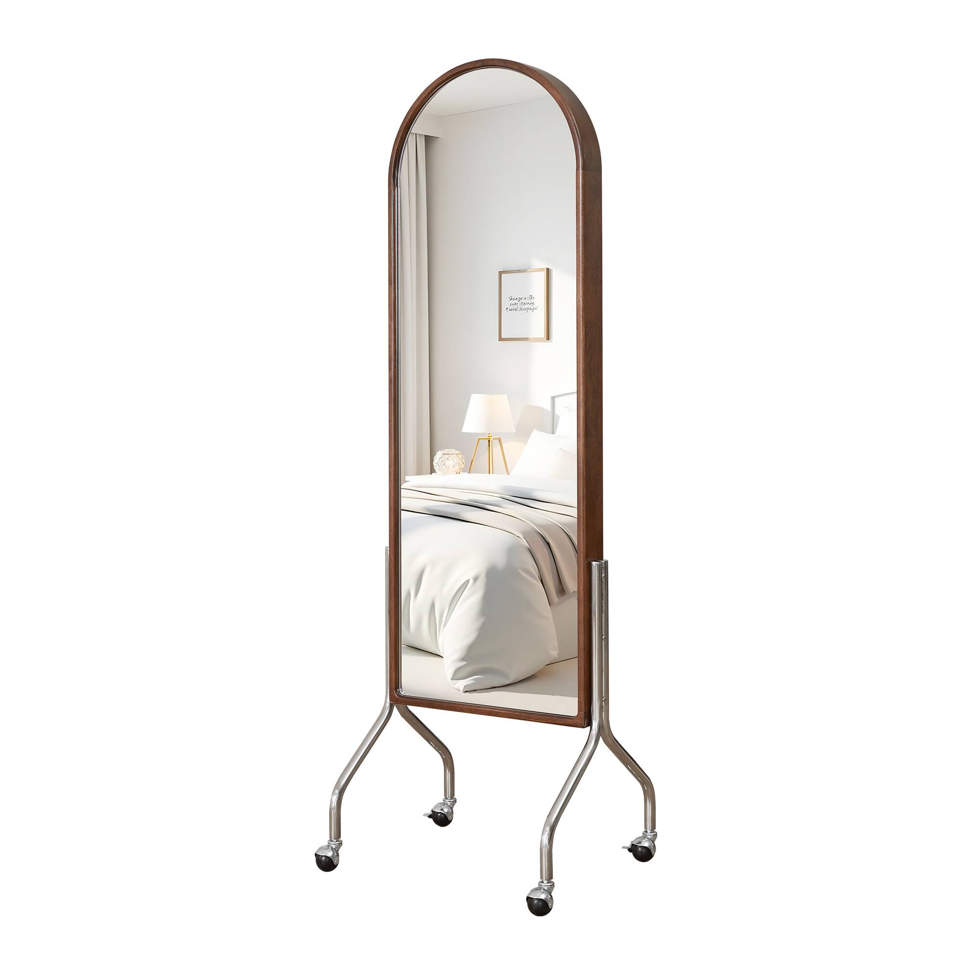 Angle. Whisen - Arched Full Length Floor Mirror with Rolling Storage Shelves,Bookcase and Wheels - Walnut.