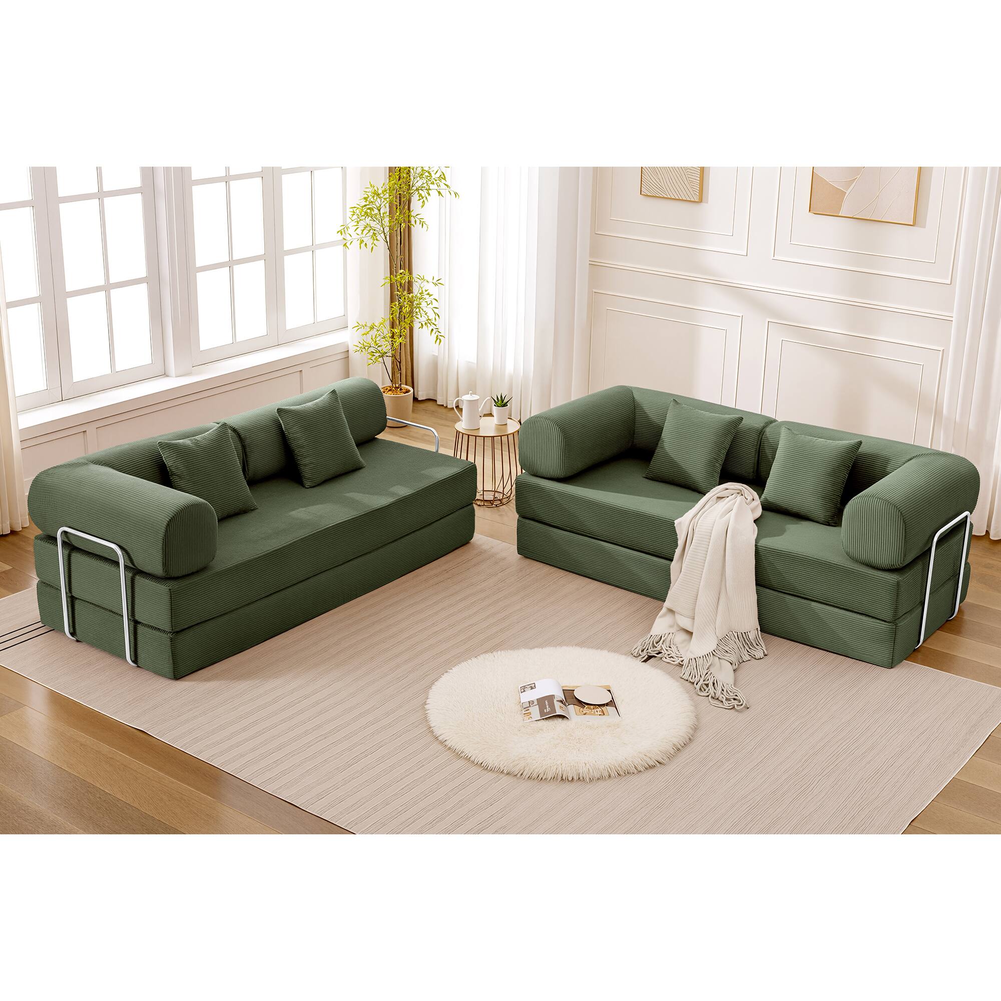 Alt View 9. KERDOM - Upholstered L Shaped Modular Sofa Bed with Chaise, Corduroy Folding Floor Convertible Sofa Couch Bed for Living Room - Olive Green.