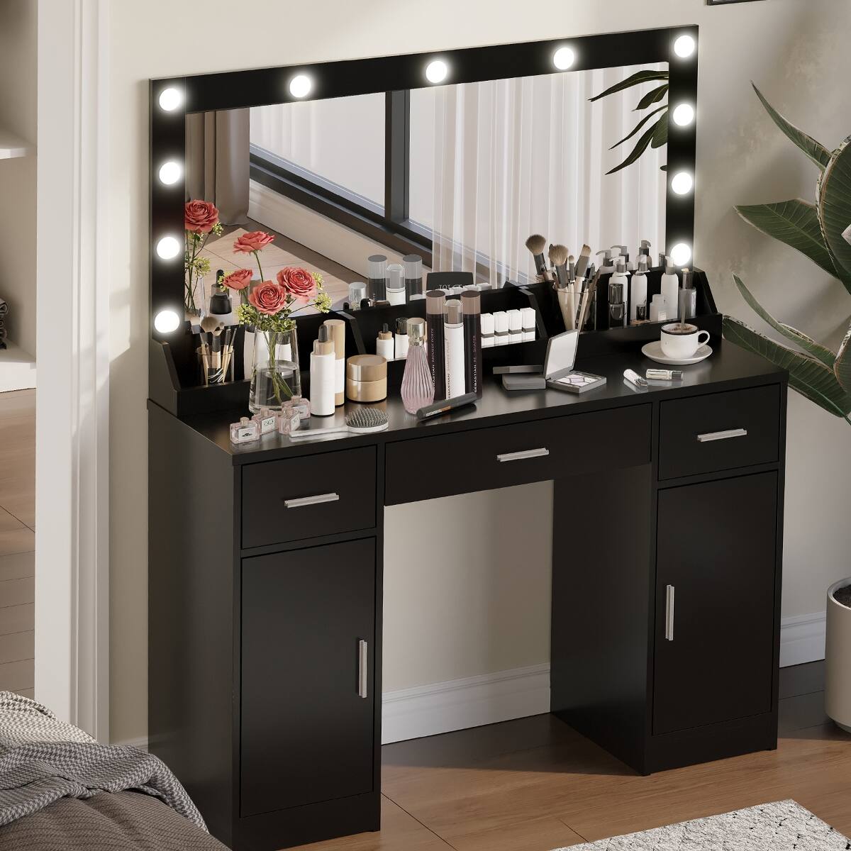 Angle. Loheer - Loheer 47.2 inch Makeup Vanity Desk with Large Mirror, Black, Three Color Lighting - Black.