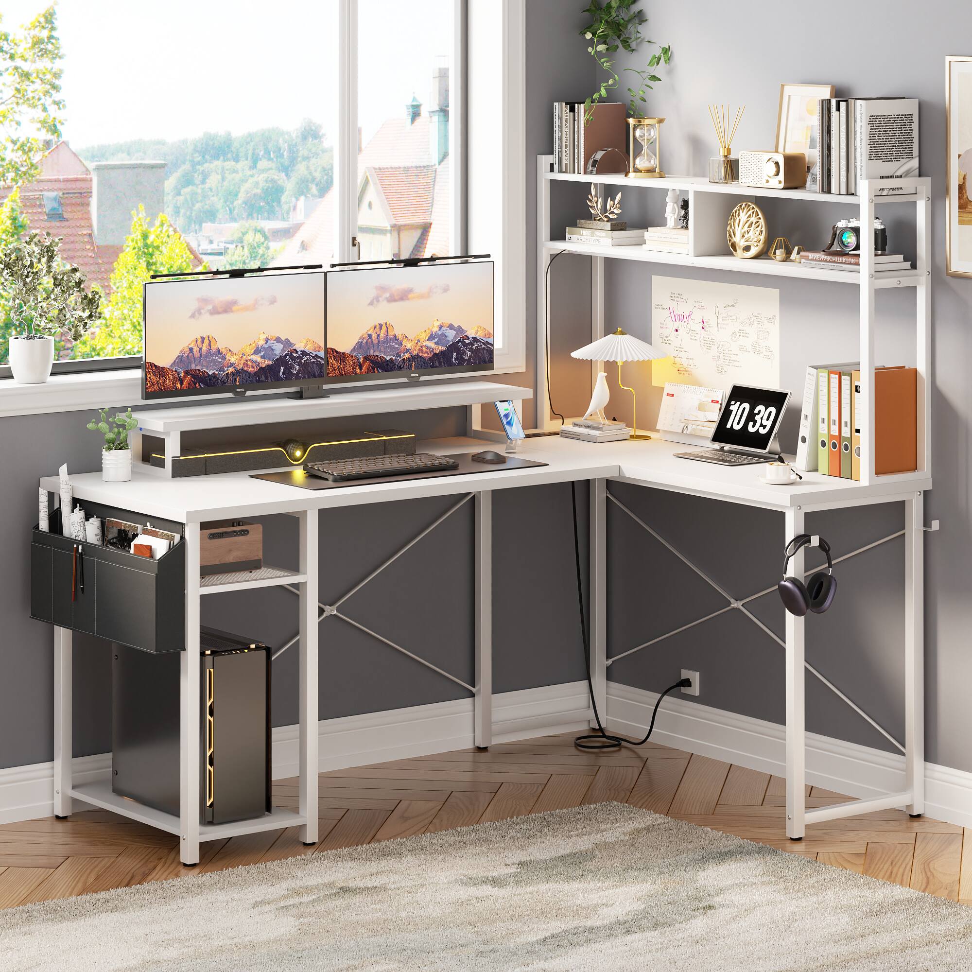 Back. Aheaplus - Small Reversible L-Shaped Gaming Desk: LED Lights, Power Outlets, Monitor Stand & Storage for Home Office Corner - White.