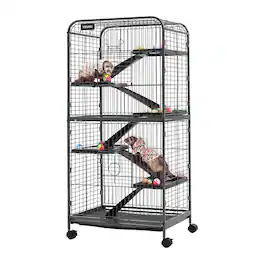 VEVOR - Metal Small Animal Cage 52.4"H 6-Tier Rolling Ferret Cage On Wheels, 1" Wire Spacing Large Cages with Ramps, Platform - Black with Silver Coating