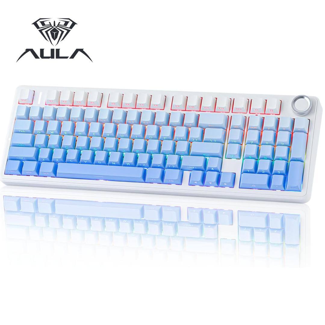 AULA - F99 Pro, 99-Key, Wireless, Hot Swappable, Mechanical Gaming Keyboard, RGB, 5-Layer Padding, 8000 mAh Battery, Knob - Blue
