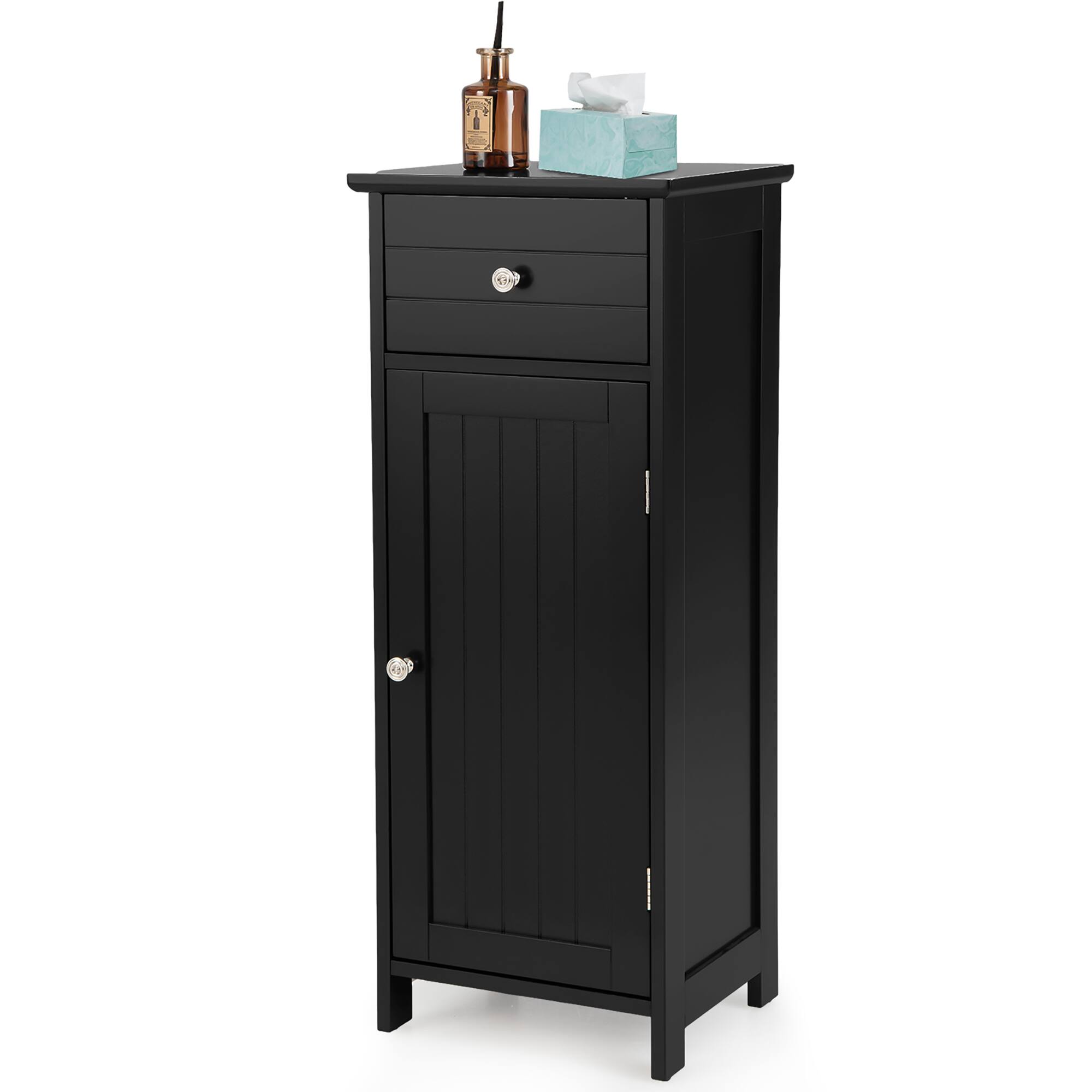 Alt View 9. Costway - Costway Wooden Bathroom Floor Storage Cabinet Organizer w/ Drawer Adjustable Shelf - Black.