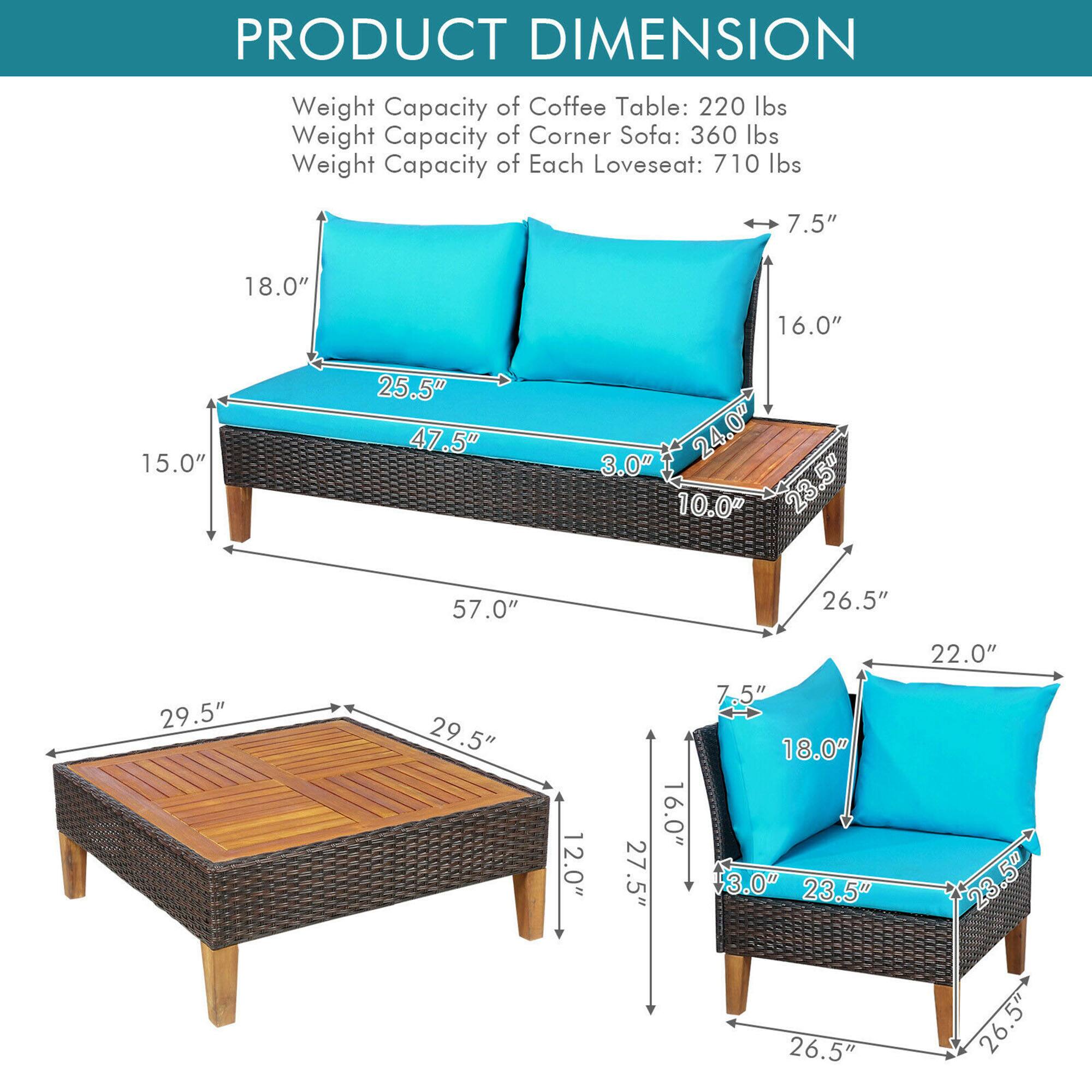 PRODUCT DIMENSION

Weight Capacity of Coffee Table: 220 lbs
Weight Capacity of Corner Sofa: 360 lbs
Weight Capacity of Each Loveseat: 710 lbs

Coffee Table:
- 29.5" (length)
- 29.5" (width)
- 26.5" (height)
- 10.0" (leg height)

Corner Sofa:
- 57.0" (length)
- 25.5" (width)
- 18.0" (height)
- 26.5" (depth)
- 15.0" (seat height)
- 23.5" (seat depth)
- 16.0" (back height)
- 3.0" (arm height)

Loveseat:
- 22.0" (length)
- 18.0" (width)
- 26.5" (height)
- 23.5" (depth)
- 12.0" (seat height)
- 27.5" (seat depth)
- 7.5" (arm height)