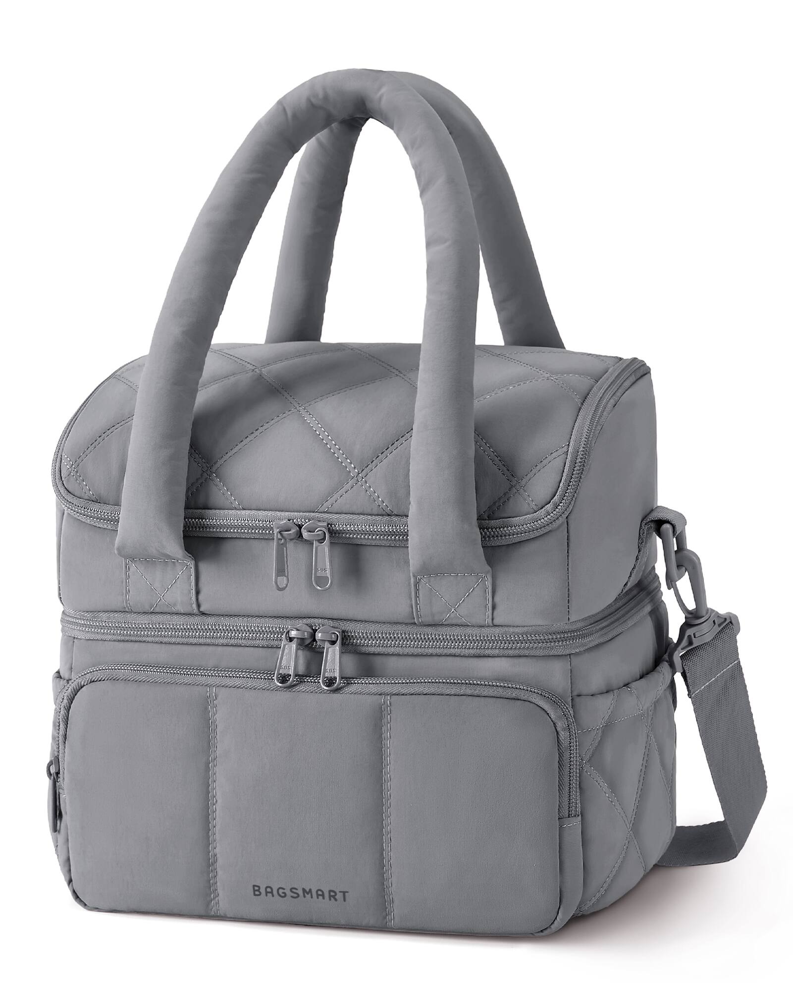 Angle. Bagsmart - Double Deck Insulated Lunch Bag, 11.8L Quilted Thermal Tote with Leakproof Compartments & Shoulder Strap - Gray.