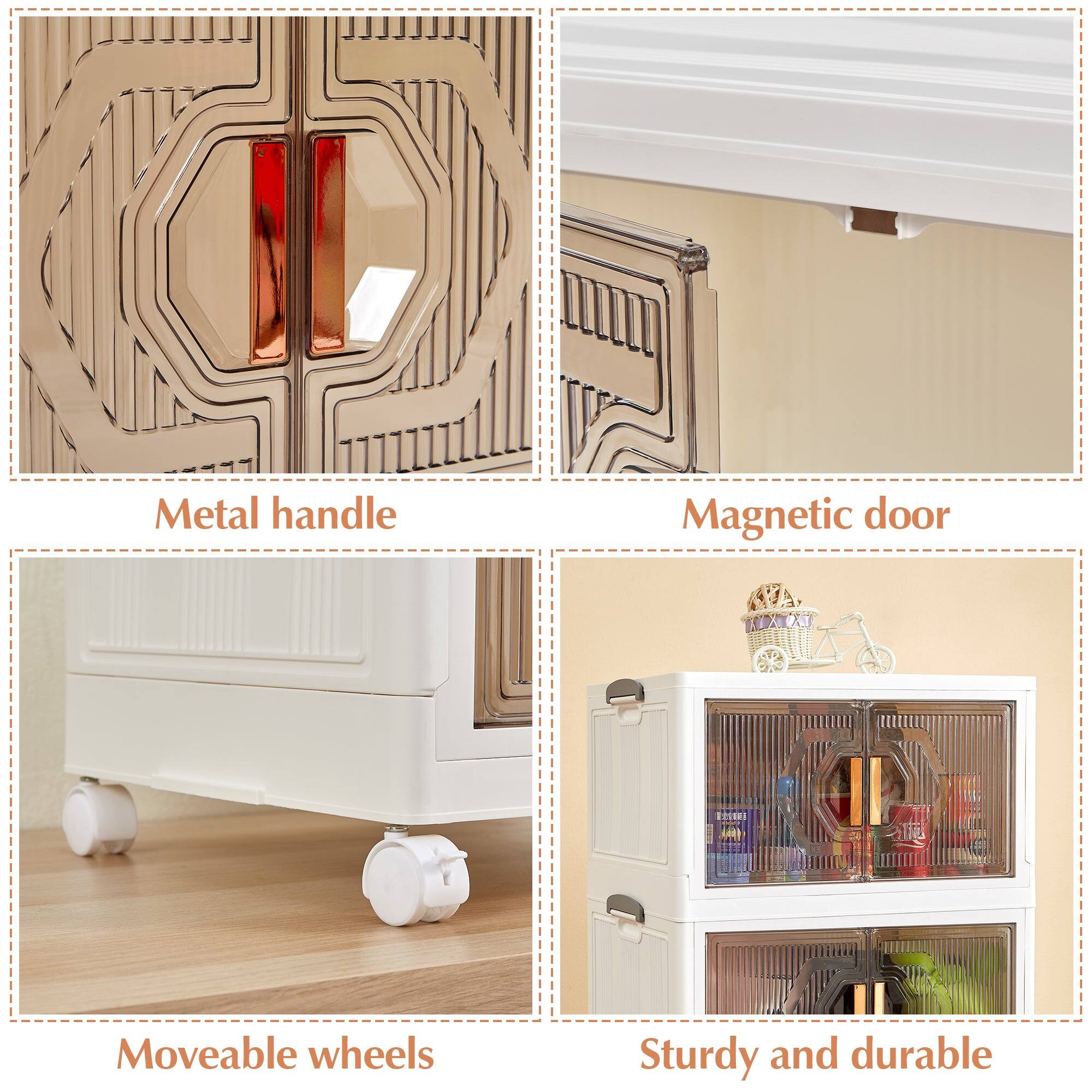 Metal handle  
Magnetic door  
Moveable wheels  
Sturdy and durable