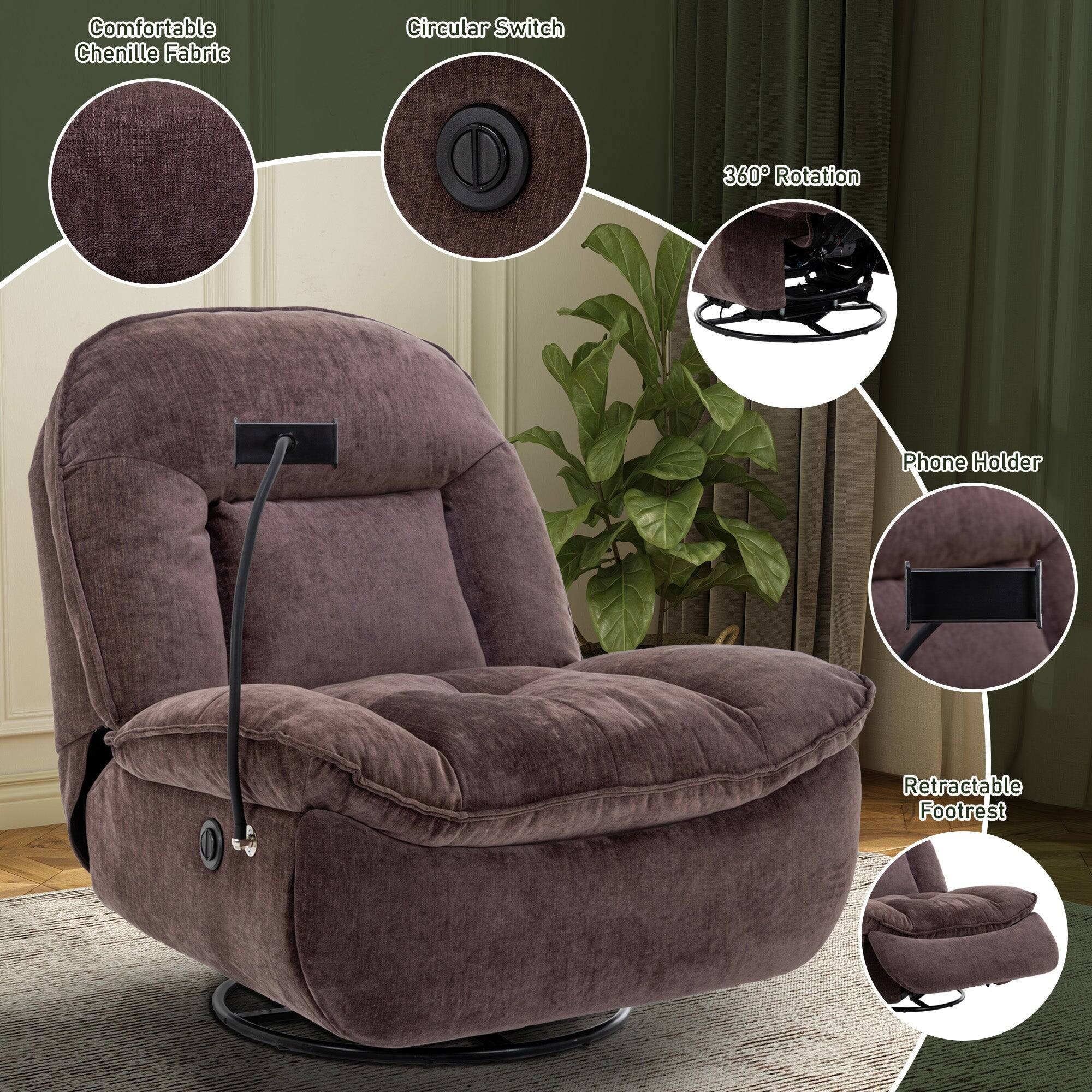 - Comfortable Chenille Fabric
- Circular Switch
- 360° Rotation
- Phone Holder
- Retractable Footrest