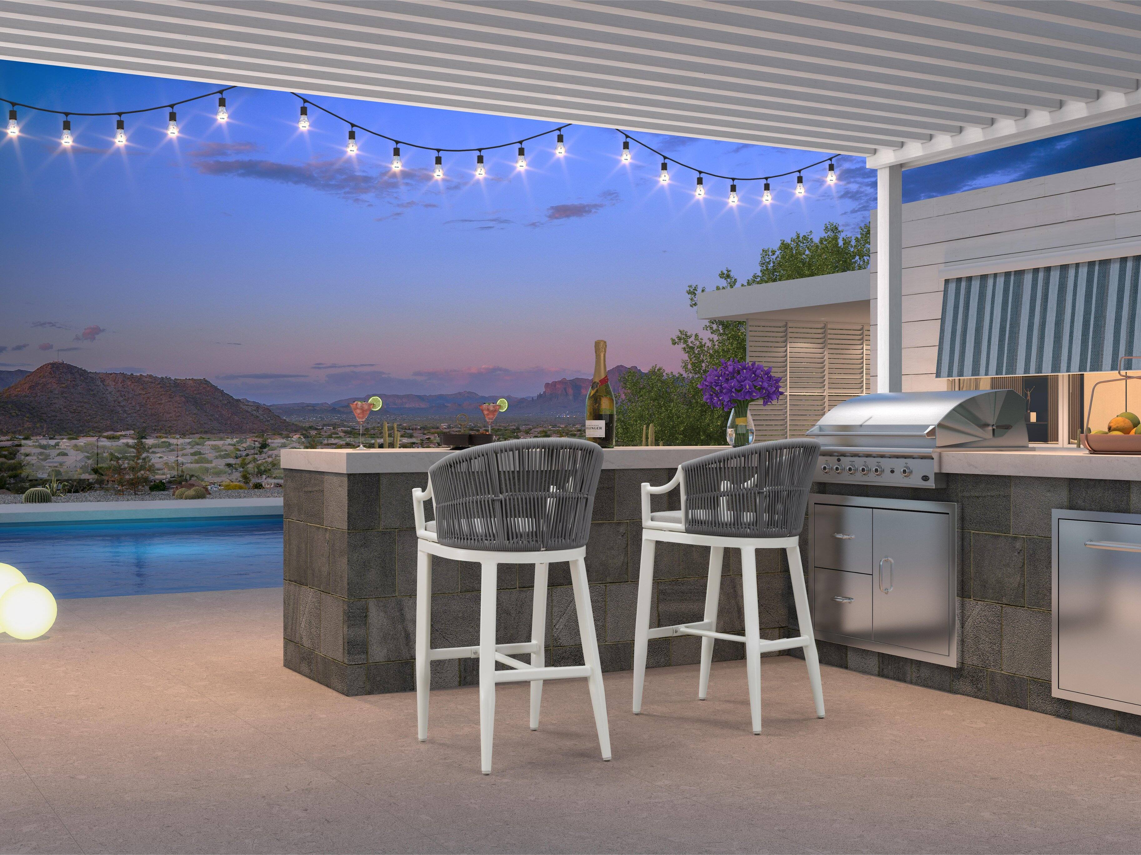 Alt View 2. PURPLE LEAF - Patio Bar Height Set of 2 Outdoor Rattan Chairs with Back Modern Aluminum Woven Barstools for Garden Indoor Kitchen - White-Bar Stool.