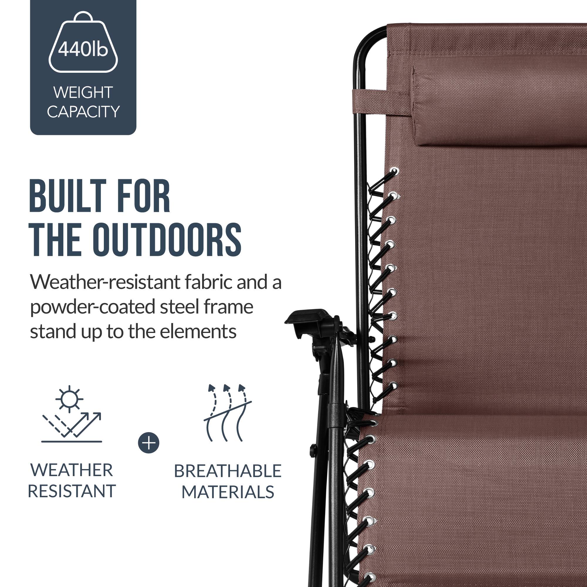 440lb WEIGHT CAPACITY BUILT FOR THE OUTDOORS  
Weather-resistant fabric and a powder-coated steel frame stand up to the elements  
+ WEATHER RESISTANT MATERIALS