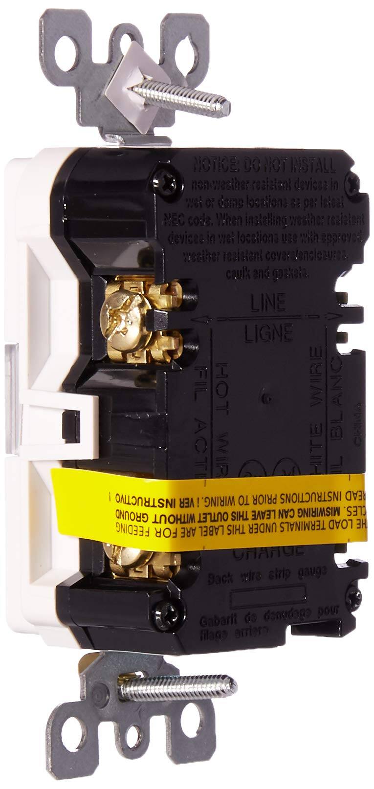 900 NOTICE: DO NOT INSTALL non-weather resistant devices in wet or damp locations as per local NEC codes. When installing weather resistant devices in wet locations use with approved weather resistant cover enclosures, caulk and gaskets. LINE LIGNE FILL HOT WIRE BLANC CHAINE WIRE HITE J PRIOR INSTRUCTIONS READ INSTRUCTIVO VER ! WIRING. GROUND THIS LEAVE CAN MISWIRING CLE. WITHOUT OUTLET UNDER TERMINALS LOAD FEEDING FOR ARE LABEL THIS NAME Back wires strip gauge de dndgo pour Gabarit filage