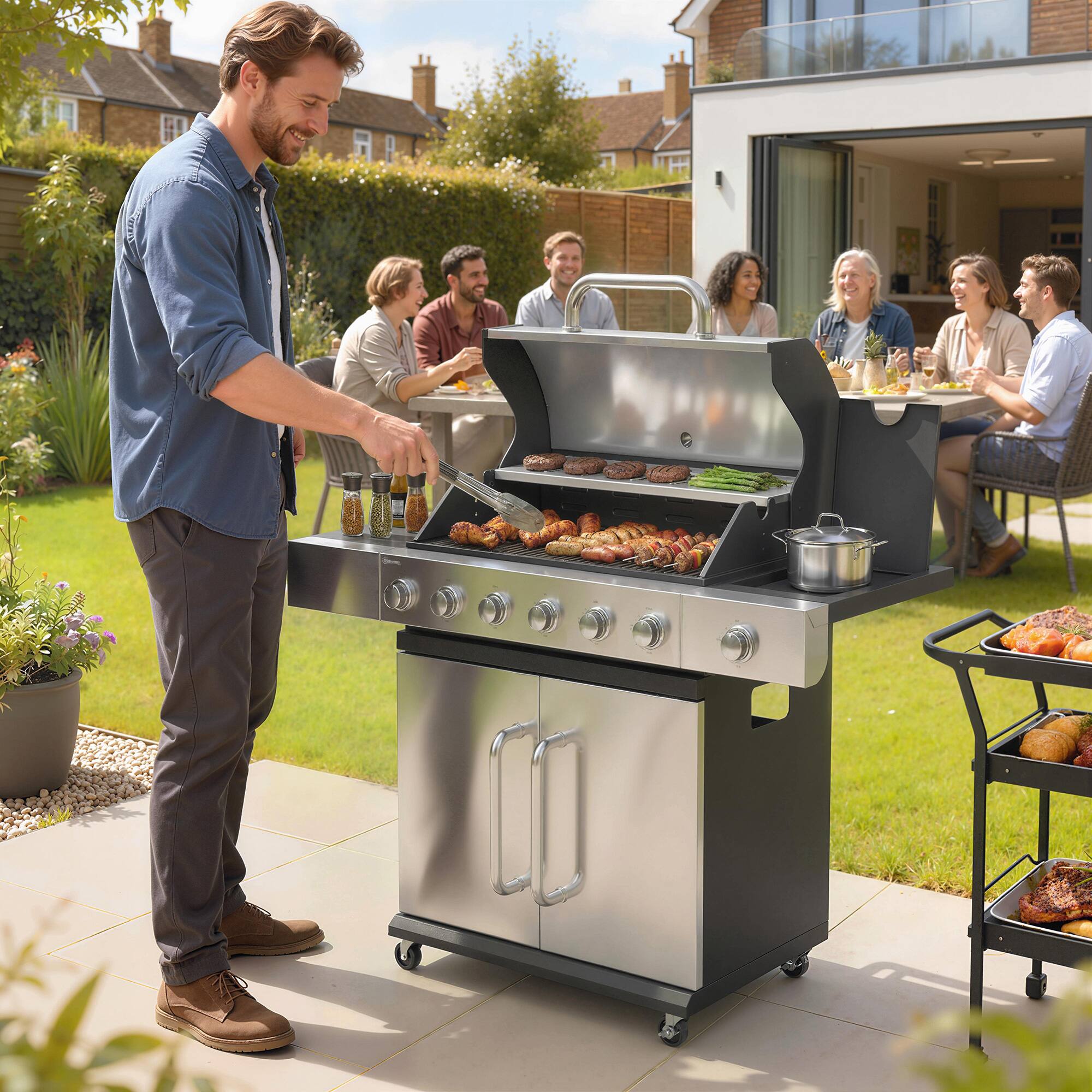 Alt View 1. Outsunny - Burner Propane Gas Grill with Side Burner, Barbecue Grill with Cast Iron Grates, Wheels - Black and Silver.
