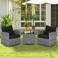 Costway 3 PCS Patio Rattan Furniture Bistro Set Cushioned Sofas Side Table Armrest - Black - Front_Zoom