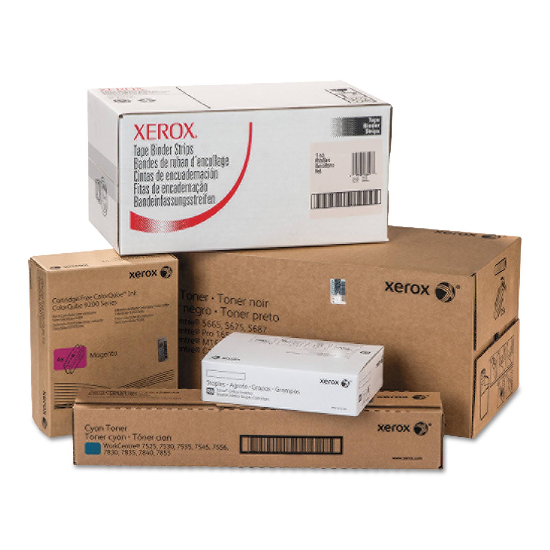 XEROX. Tape Binder Strips  
Bandes de ruban d'encollage  
Cintas de encuadernación  
Fitas de encadernação  
Bindenfassungsstreifen  

Xerox ColorQube Ink Cartridge 9200 Series  
ColorQube Magenta Toner  
Toner noir  
negro  
Toner preto  
5665, S675, 5687  

Pro 16  
intre MI Cour  
xerox Shoples  
Agrote Grapos  
rx Cyon Toner  
Toner cyon  
Toner cion  

WorkCentre 7525 7530 7535 7545 7556, 7830 7835, 7835.7840 7855 7840 7855  
xerox