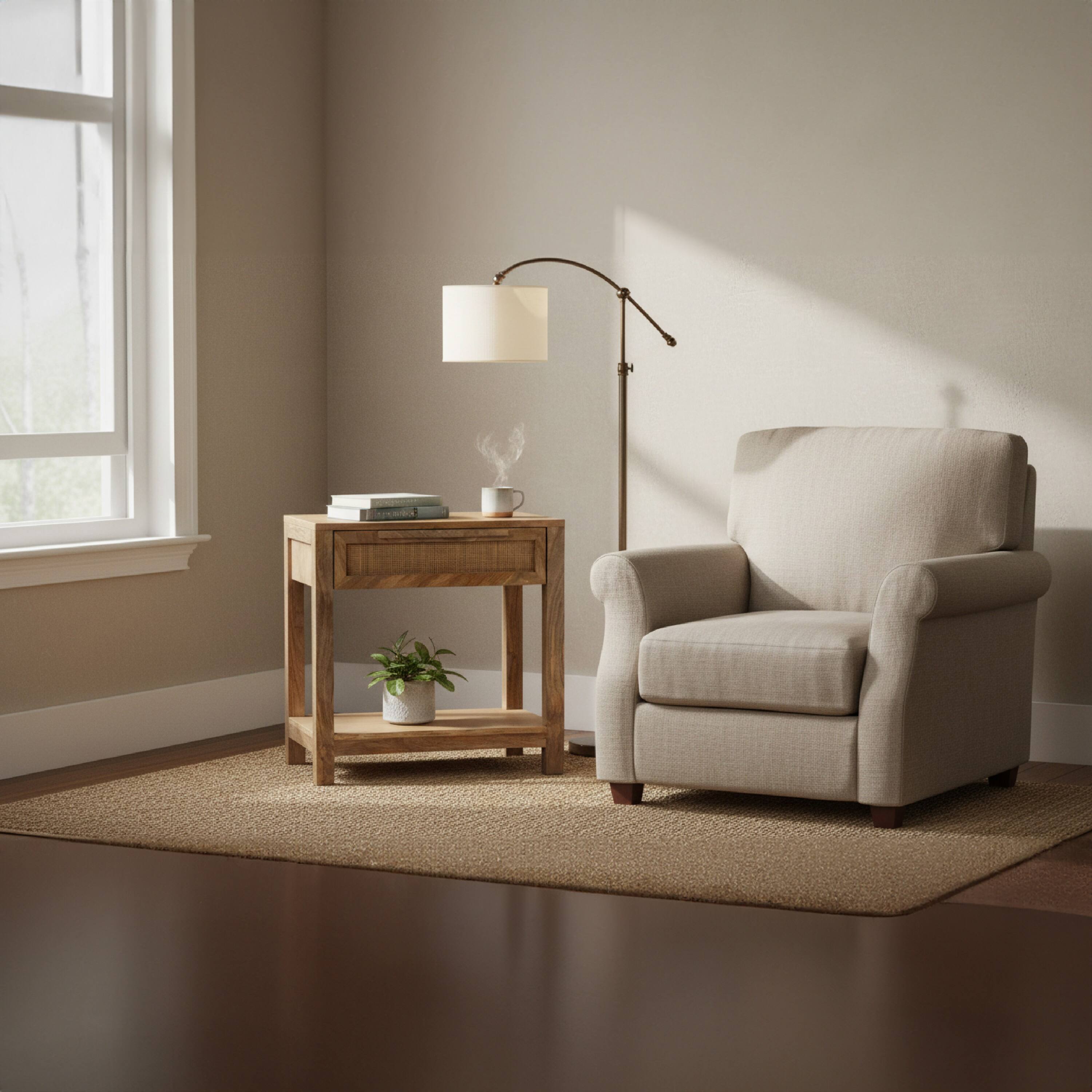 Alt View 9. Manhattan Lane - Rosette 22 Inch Accent Side Table, Rattan Front Drawer, Open Shelf, Mango Wood Frame - Brown.