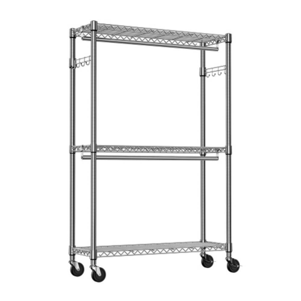 Alt View 3. LUCKY ONE - 79.6" H 3-Tier Heavy Duty Rolling Garment Rack w/ 2 Rods Side Hooks Adjustable - Chrome.