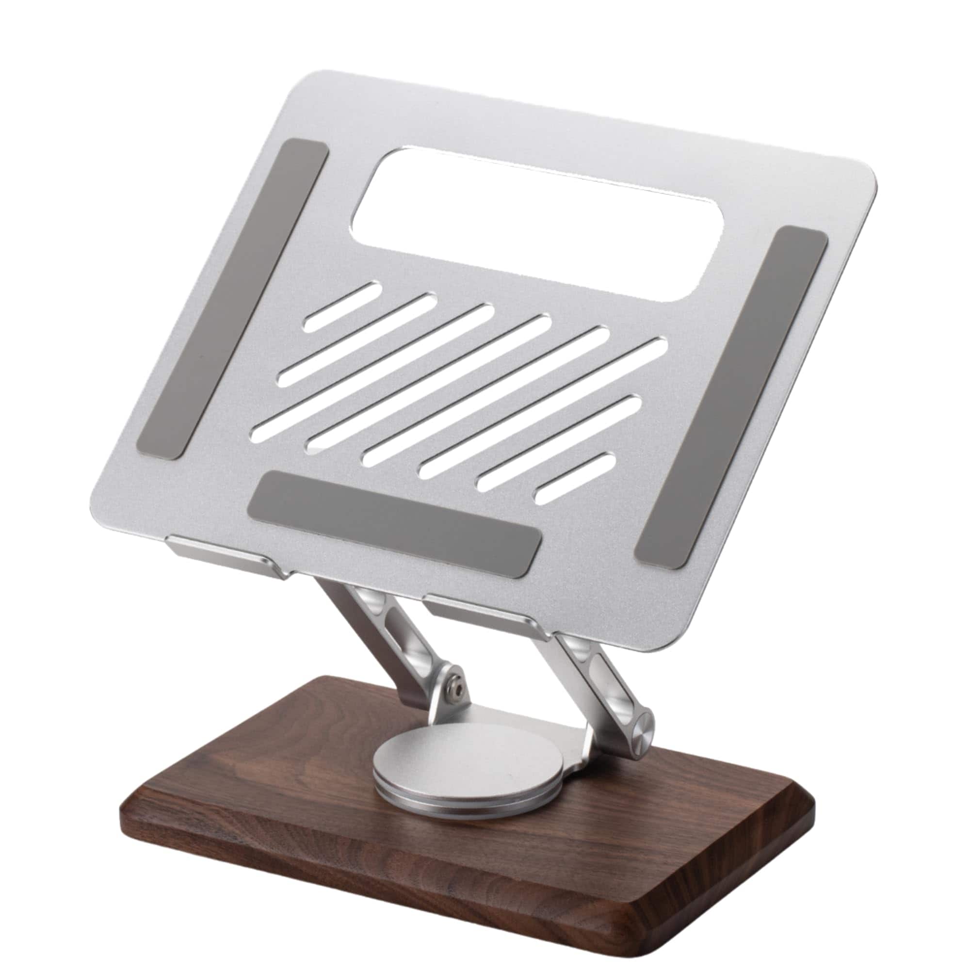 HongFei - Laptop Stand for Desk, Laptop Riser with 360 Rotating Walnut Base, Adjustable Ergonomic Stand for 10 to 17 Inches - Silver