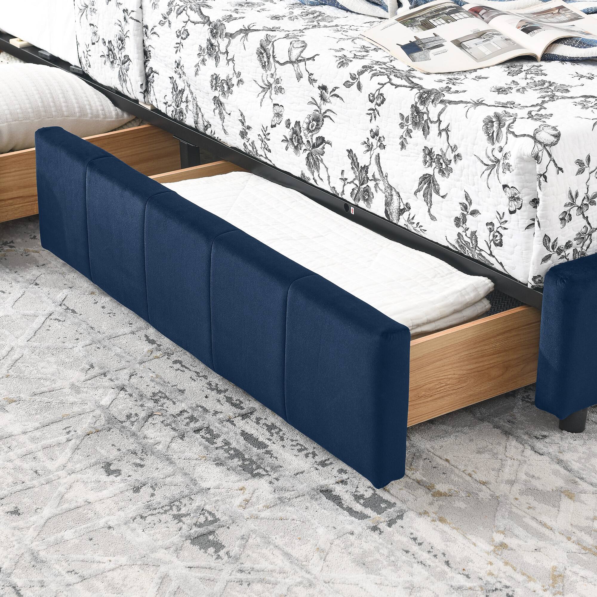 Alt View 3. Anysun - Full Size Velvet Tufted Storage Bed Frame - Sofa Bed with Backrest & Armrests for Bedroom or Living Room - Blue.