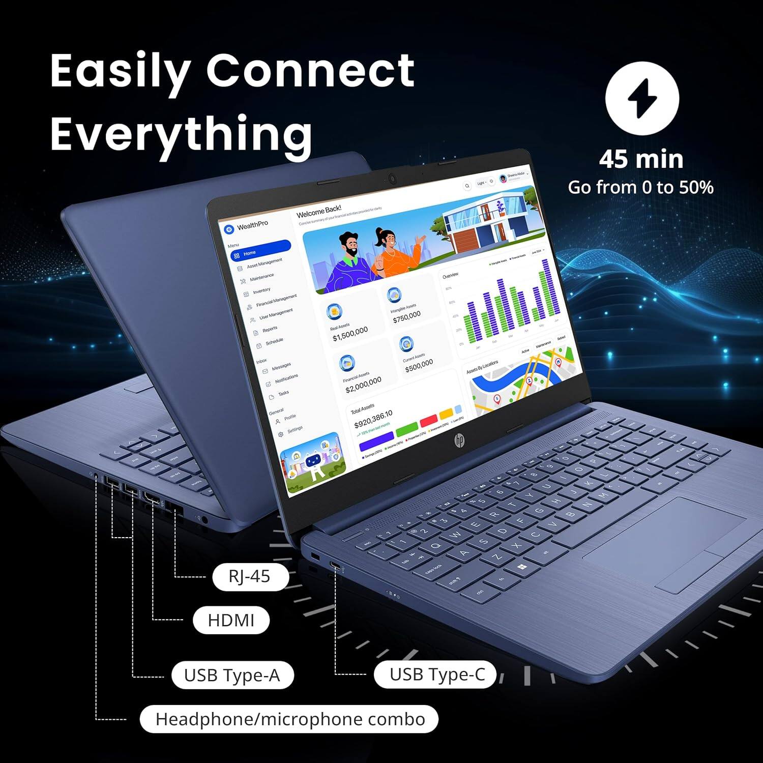 Easily Connect Everything
Welcome Back! WealthPro
45 min Go from 0 to 50%
RJ-45 HDMI USB Type-A USB Type-C Headphone/microphone combo