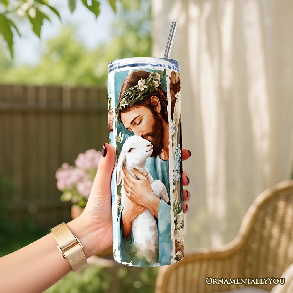 Left. OrnamentallyYou - Jesus has Risen 20oz Tumbler With Stainless Steel Straw, Easter Blue Brushstrokes Spring Gift Cup - Multicolored.