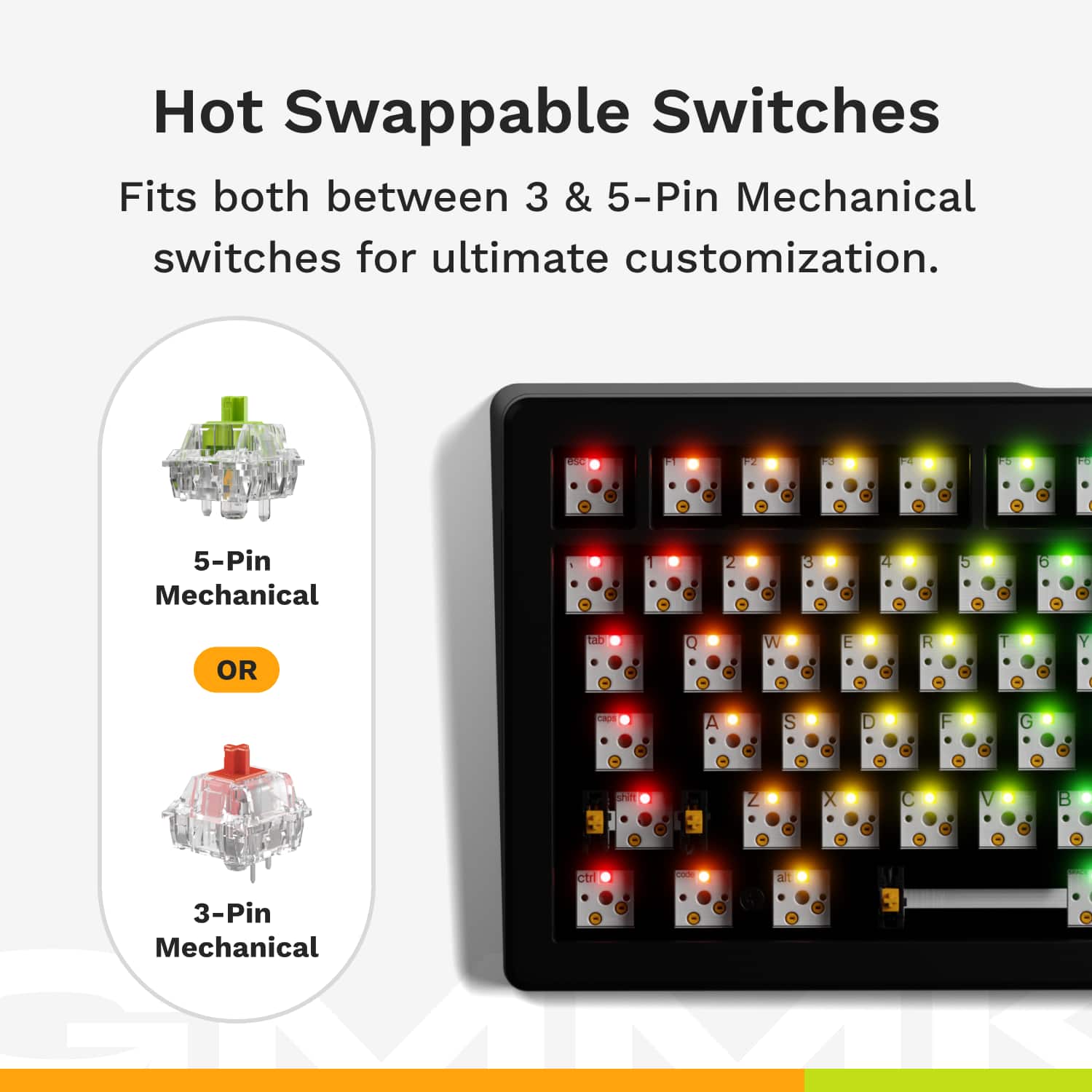 Hot Swappable Switches: Fits both between 3 & 5-Pin Mechanical switches for ultimate customization.