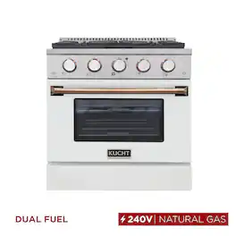 Kucht - 30" Dual Fuel Range for NG, SS/White Door, White Knobs, Gold Handle & Rings, Convection Oven - White & Gold
