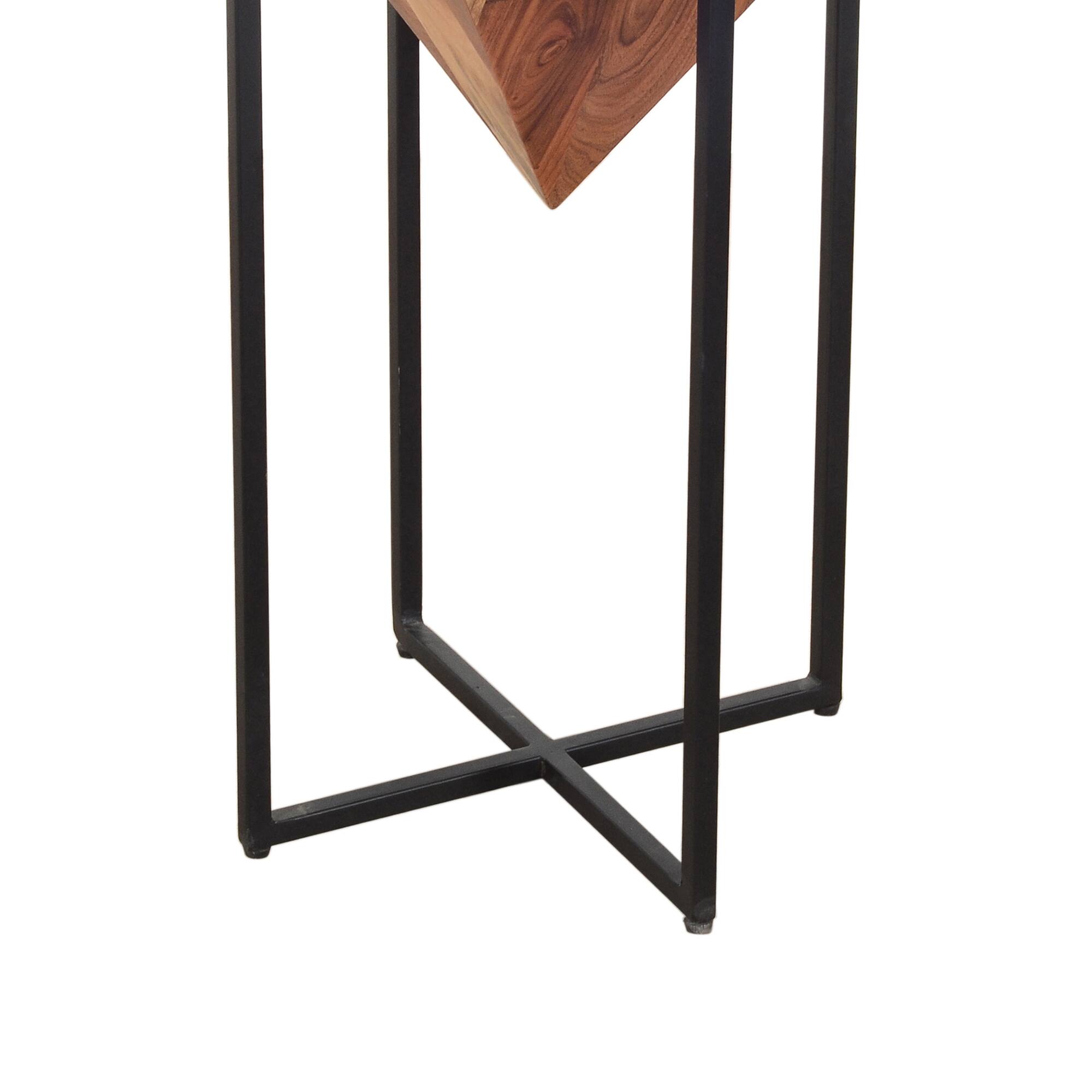 Alt View 2. Manhattan Lane - 26 Inch Pyramid Shape Acacia Wood Side Table With Cross Iron Base - Brown and Black.