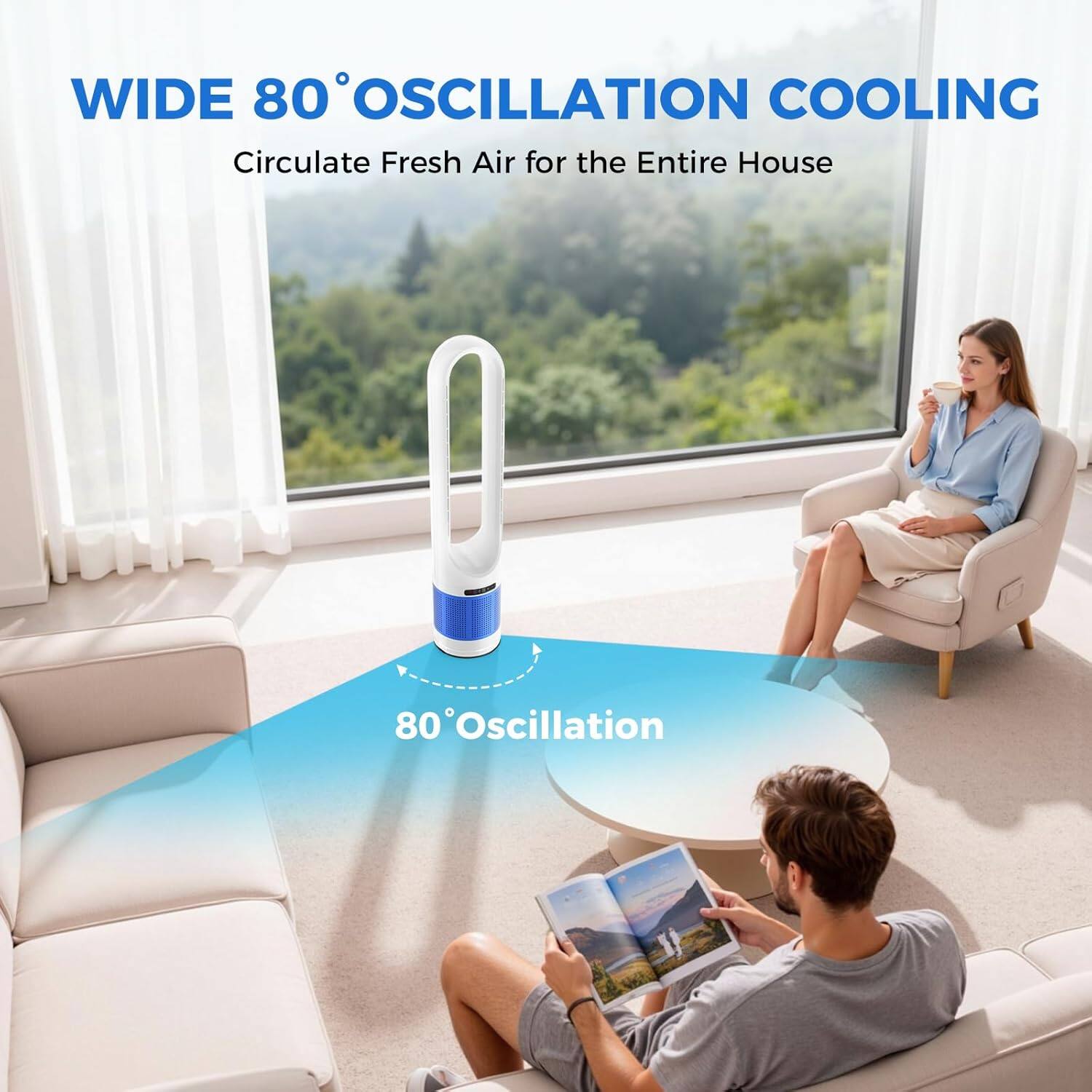 WIDE 80° OSCILLATION COOLING  
Circulate Fresh Air for the Entire House  

80° Oscillation