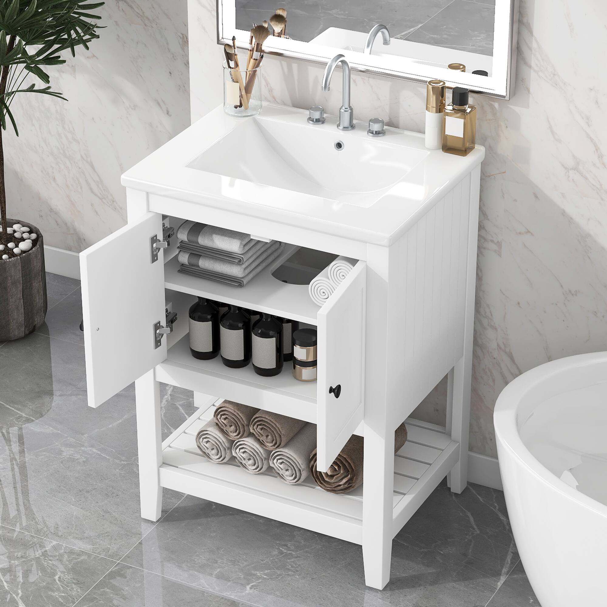 Angle. Whisen - 24-Inch Freestanding Bathroom Vanity with Ceramic Sink and Open Style Shelf - White.