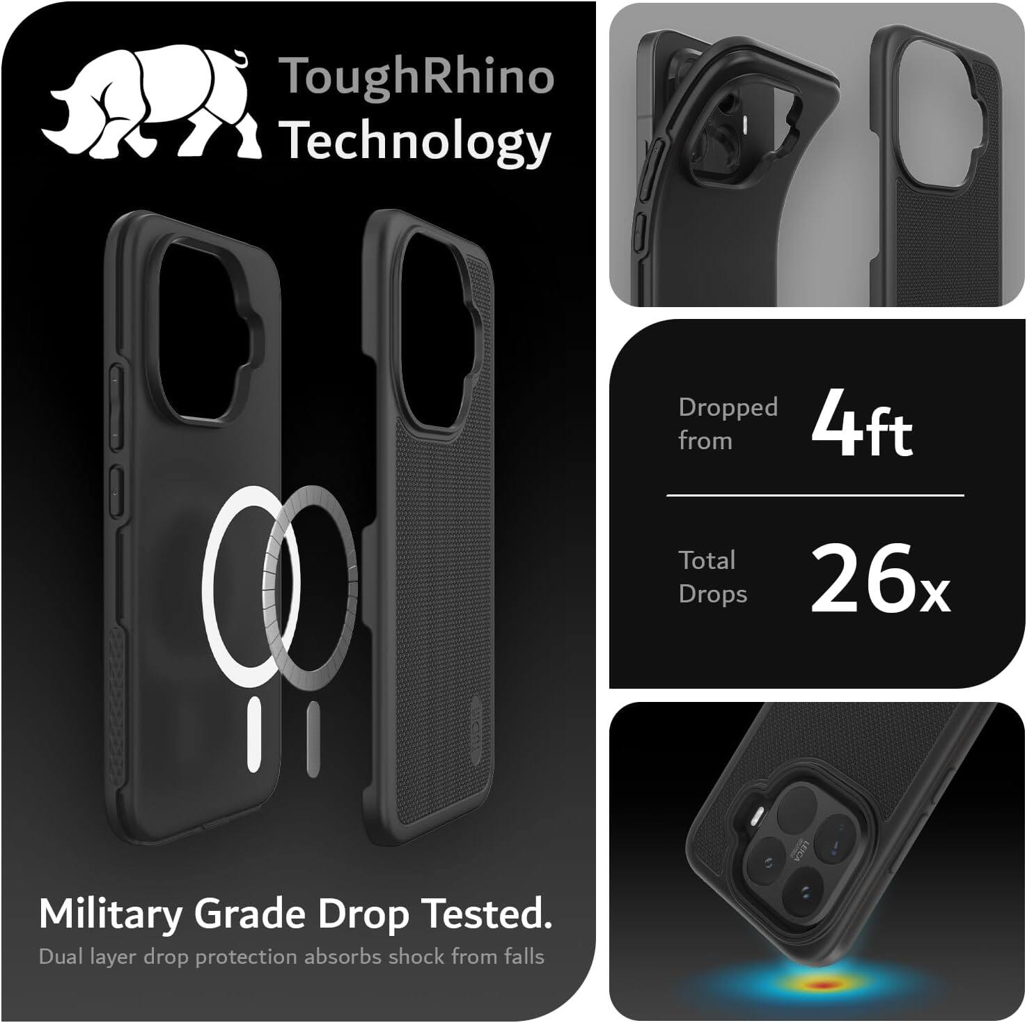 ToughRhino Technology

Dropped from 4ft
Total Drops 26x

Military Grade Drop Tested.
Dual layer drop protection absorbs shock from falls
