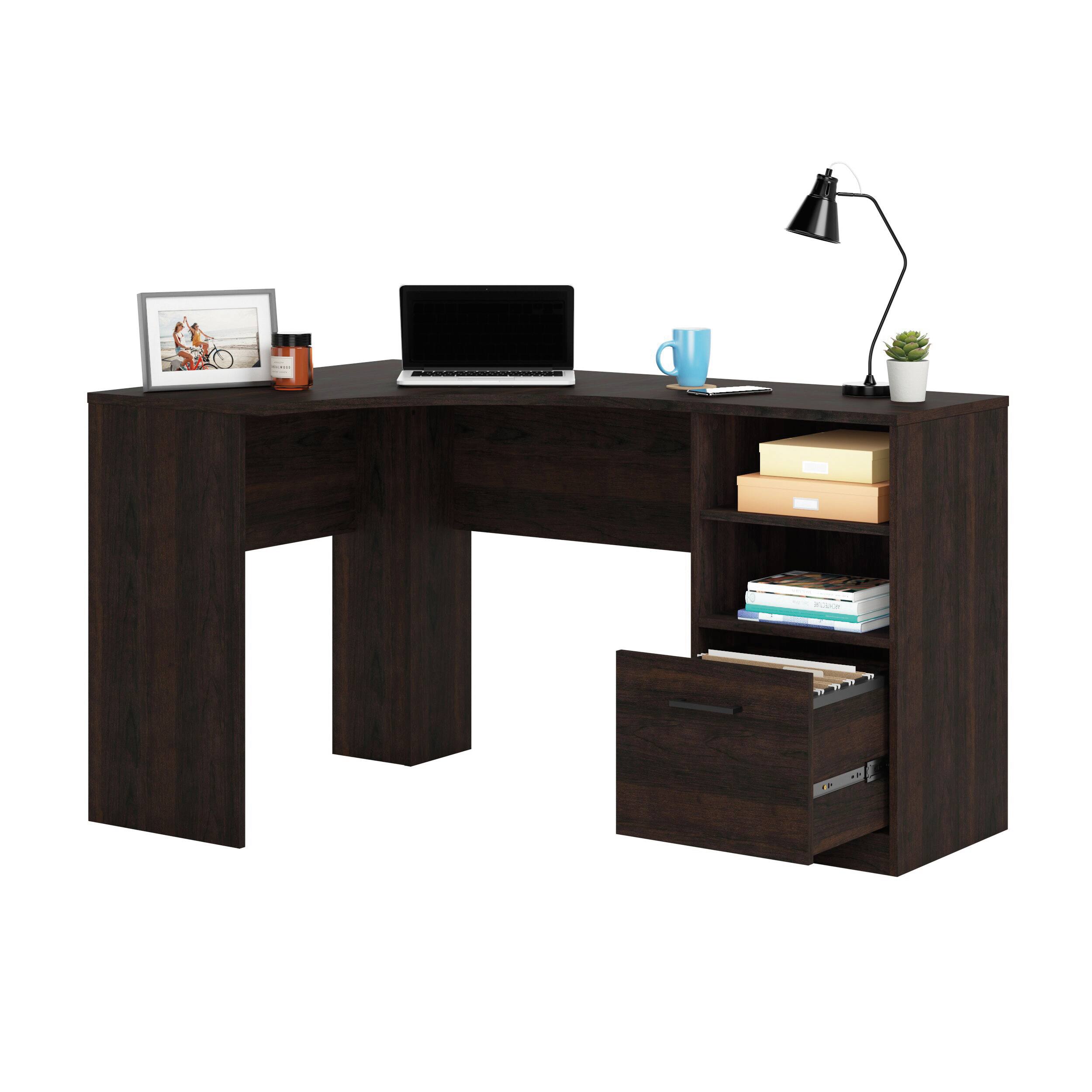 Angle. Spaco - 52x33" Corner Computer Desk, File Drawer, Reversible Drawer Side, Open Shelves - Brown.