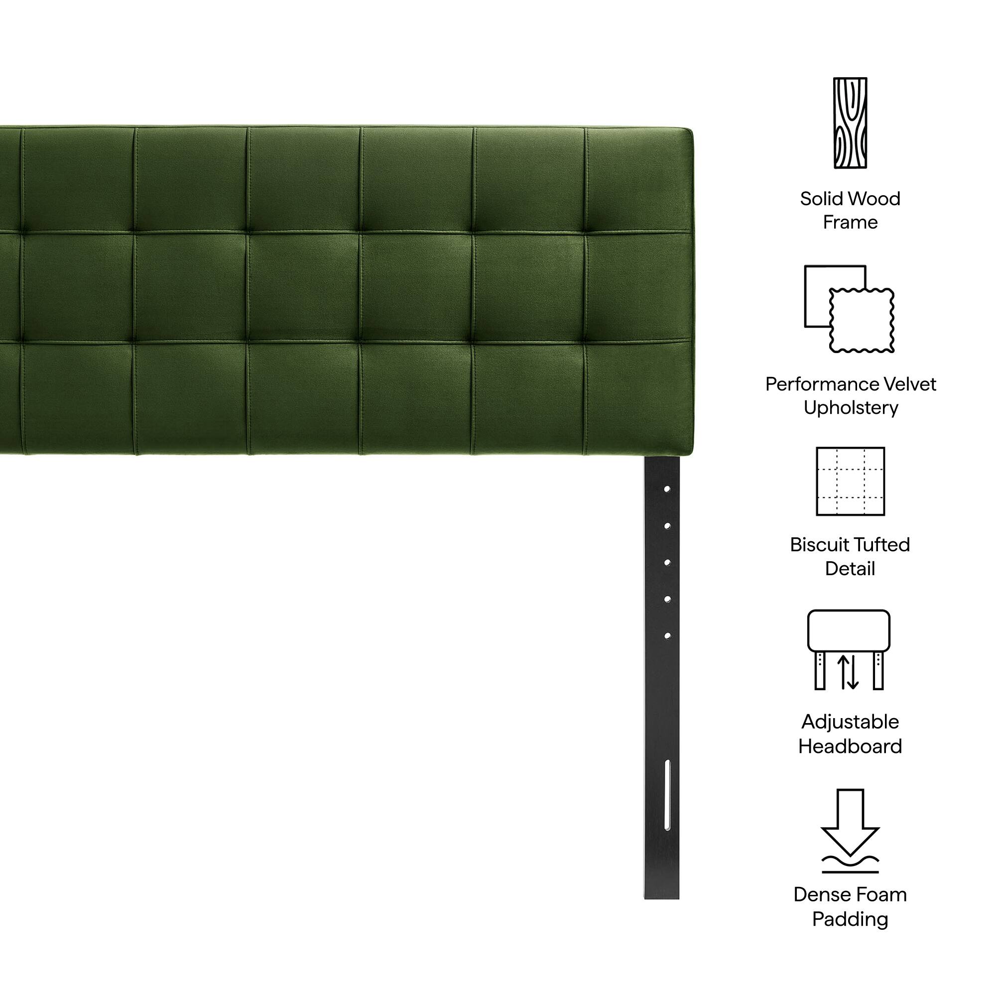 Solid Wood Frame  
Performance Velvet Upholstery  
Biscuit Tufted Detail  
Adjustable Headboard  
Dense Foam Padding