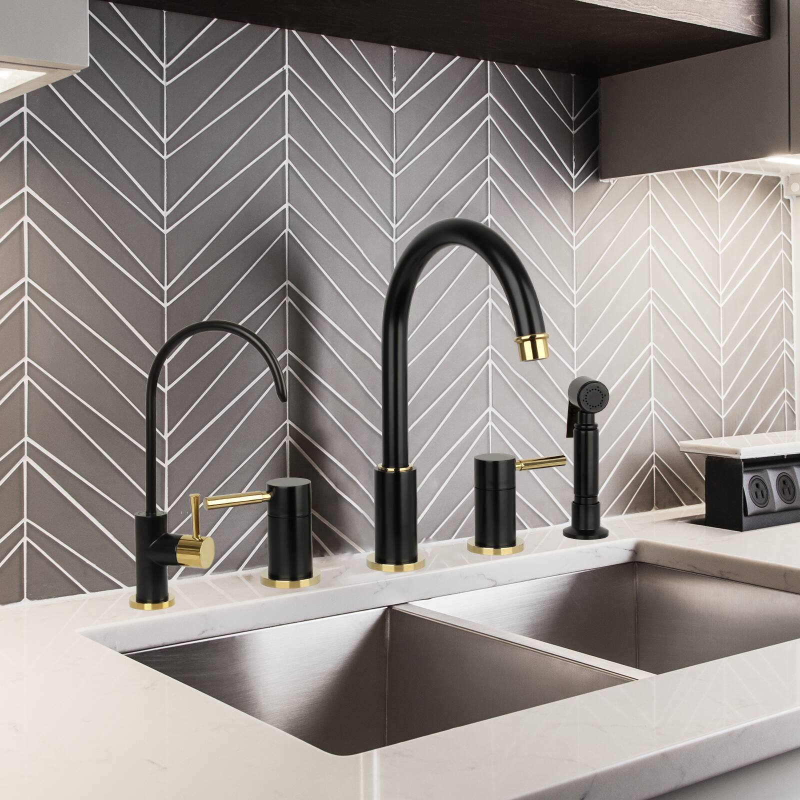 Alt View 4. Akicon - Akicon Solid Brass Double-Handle 360° Swivel Widespread Kitchen Faucet with Side Sprayer in Matte Black & Gold - Matte Black & Gold.