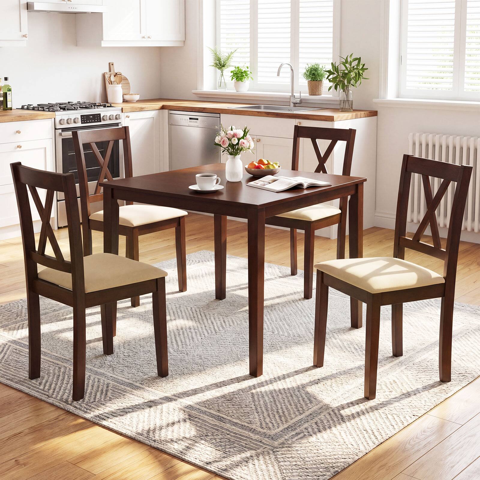 Alt View 1. Costway - Costway 5-Piece Dining Table Set for 4, Square Kitchen Table with 4 Armless Chairs - Walnut & Beige.