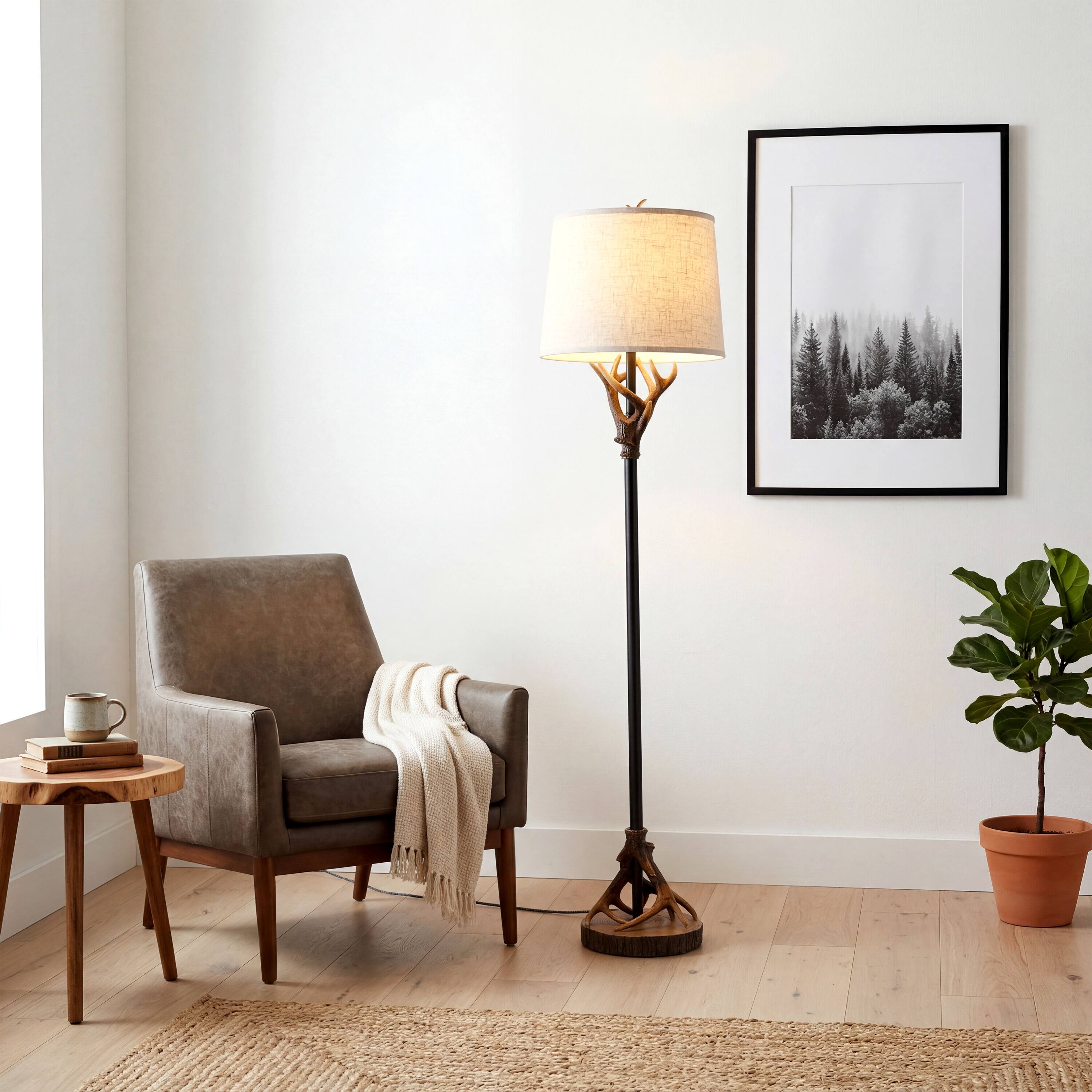 Alt View 1. Jonathan Y - Benjamin 61" Rustic Farmhouse Metal and Resin Antler Floor Lamp with Beige Linen Shade and Wood-Slice Base, Brown/Black - Brown/Black.