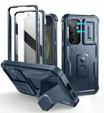 Front. Dexnor - Phone Case for Samsung Galaxy S24, Built-in Slide Camera Cover & Screen Protector & Kickstand Bumper - Navy Blue.