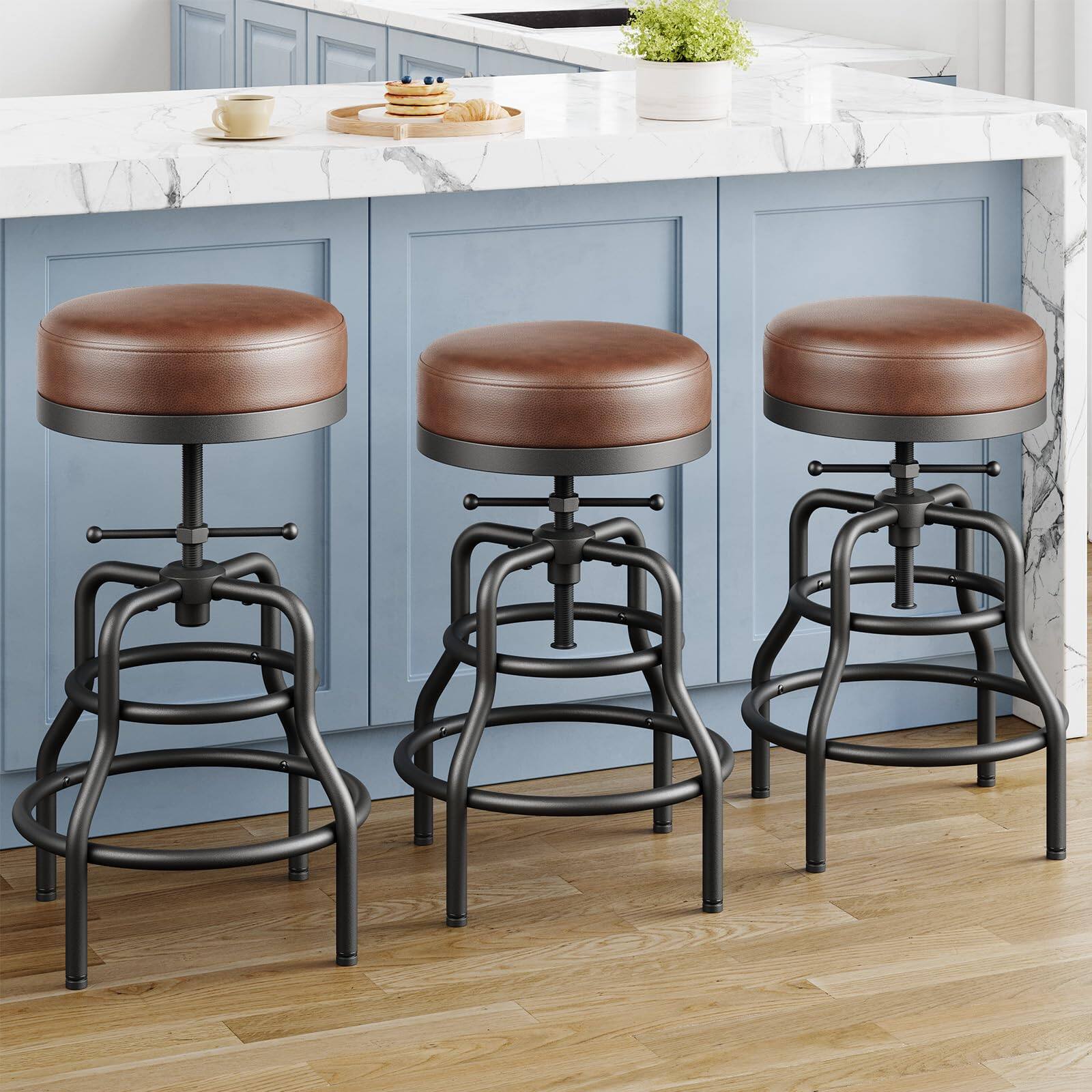 Front. JETRANSPORT - Adjustable Height Swivel Bar Stool 22-29 Inch Industrial Vintage Counter With Thicken Bonded Leather - Brown03 3 Pack.