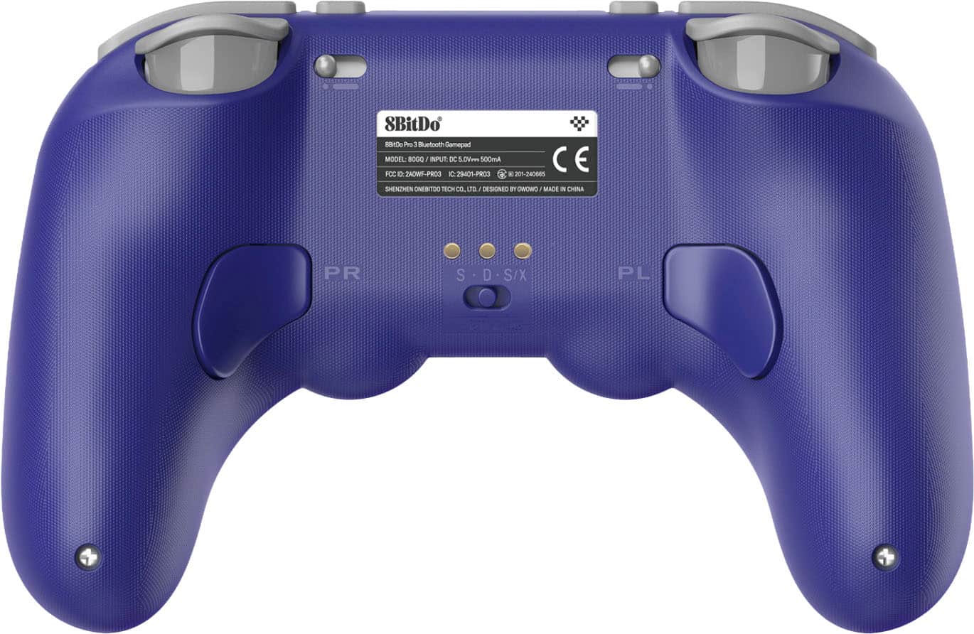 8BitDo B8tDc Pro Bluetooth Gamepad
MODEL: 8OGO
INPUT DC 5.0V 500mA
FCC ID: 2AWF-PRO3
IC: 29401-PRO3
201-240665
SHENZHEN ONEBITDO TECH CO. LTD
DESIGNED BY GWOWO
MADE IN CHINA
PR
S D S/X
PL