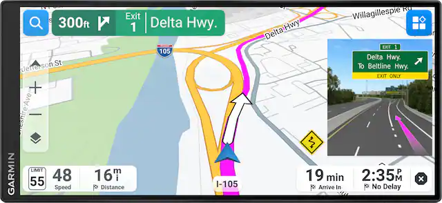 Exit S 300ft Delta 1 Hwy.
RESSING 105 Jefferson St eshire Ave
LIMIT GARMIN 55 48 Speed 16th Distance
I-105
Rd Willagillespie Hwy Delta EXIT 1 Delta Hwy. To Beltline Hwy. EXIT ONLY
$ 19 min 2:35
X Arrive In N No Delay