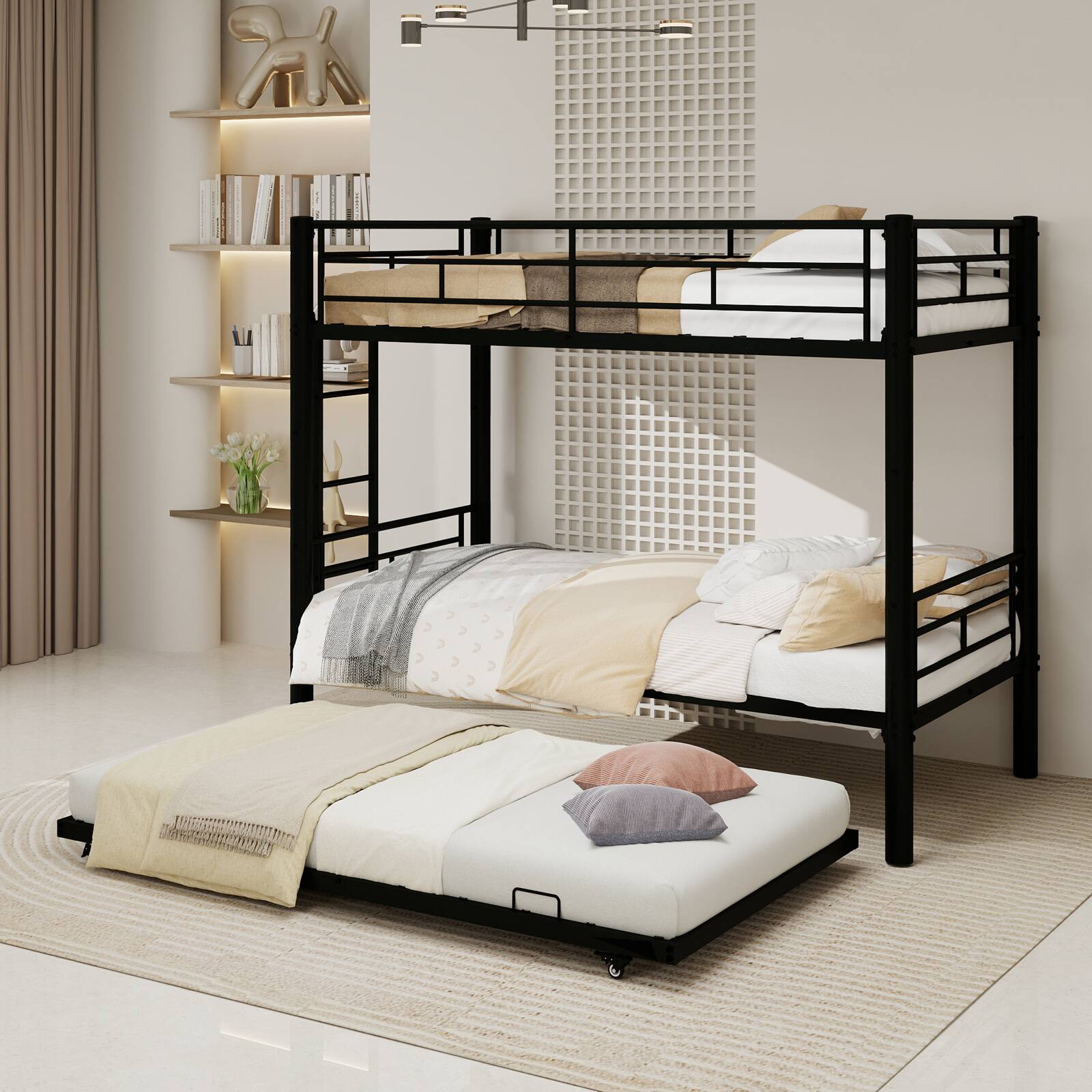 Left. Loheer - Loheer Black Twin Triple Bunk Bed Convertible Heavy Duty Metal Frame - Black.