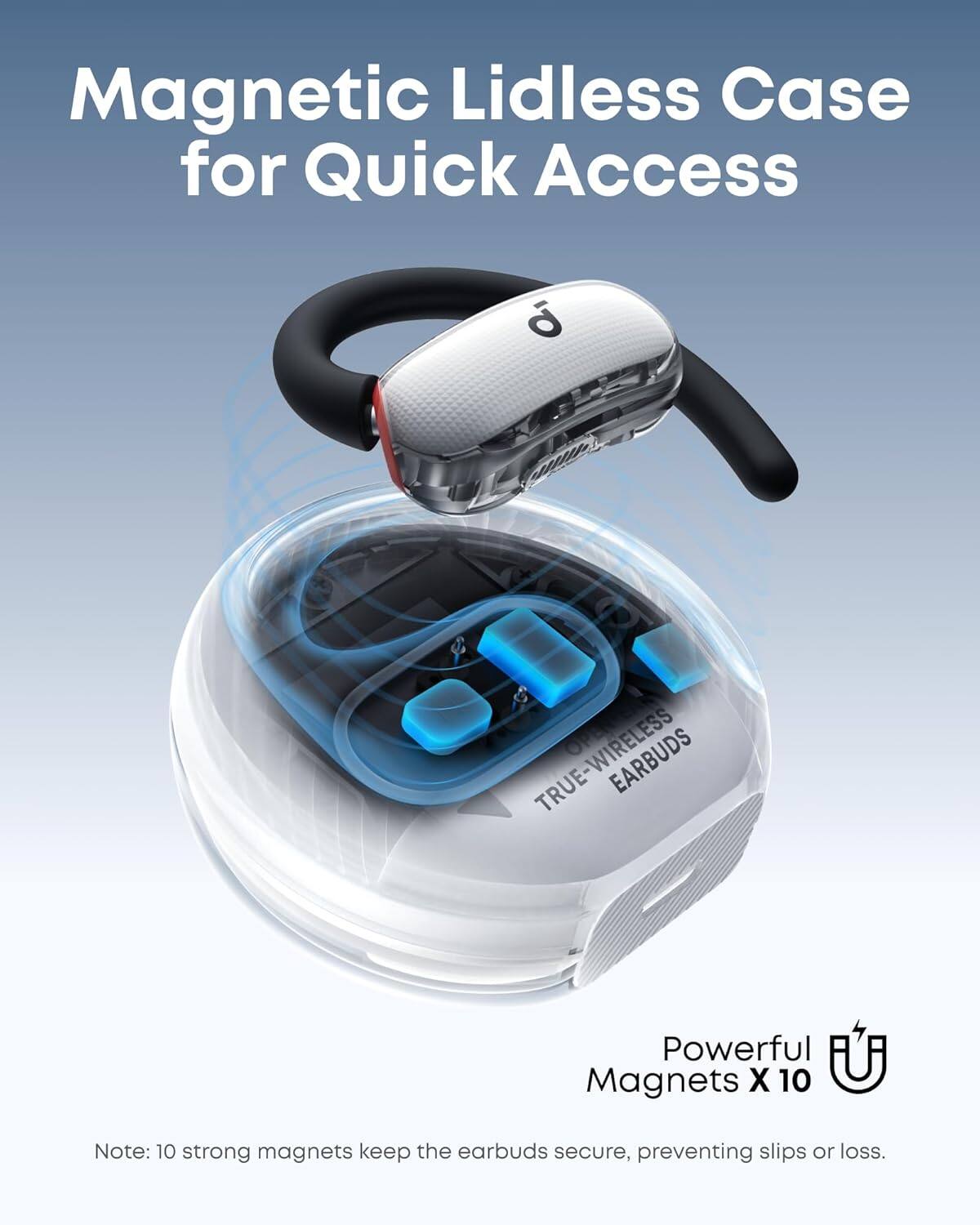 Magnetic Lidless Case for Quick Access

Powerful Magnets X 10

Note: 10 strong magnets keep the earbuds secure, preventing slips or loss.