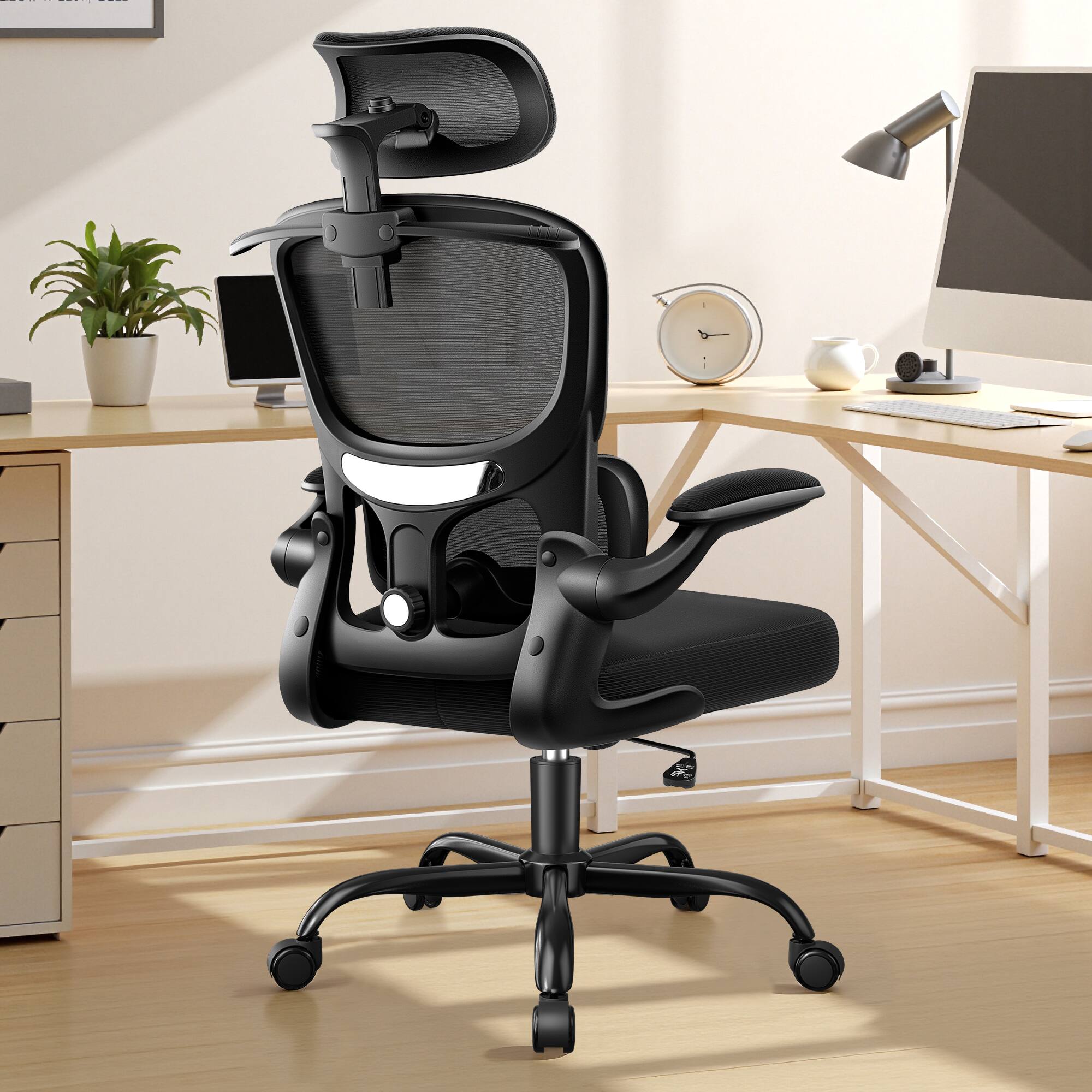 KERDOM - Ergonomic Office Chair with 3D Adjustable Lumbar Support & Headrest, Breathable Mesh Tilt Computer Chair, Filp-up Arms - Black with Headrest price history on PriceWatchPro