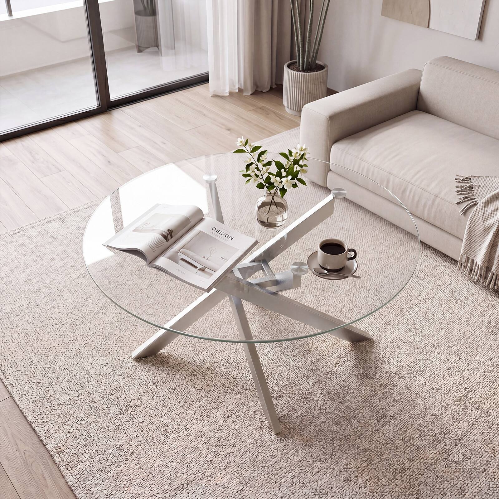 Alt View 1. Costway - Costway 31.5" Glass Coffee Table with Tempered Glass Top & Geometric Sliver Metal Frame - Transparent & Sliver.