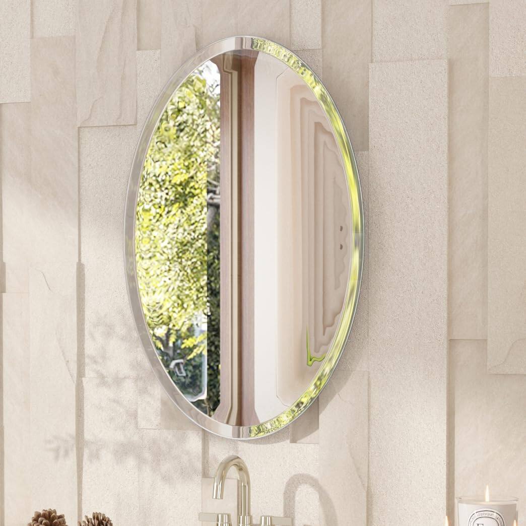 Front. VEGA AUTOMOTIVE - Frameless Oval Mirror 24 X 36 Bathroom Wall With Beveled Edge Modern Decorative Vanity Mirrored For Living - Oval 24"L x 32"W.