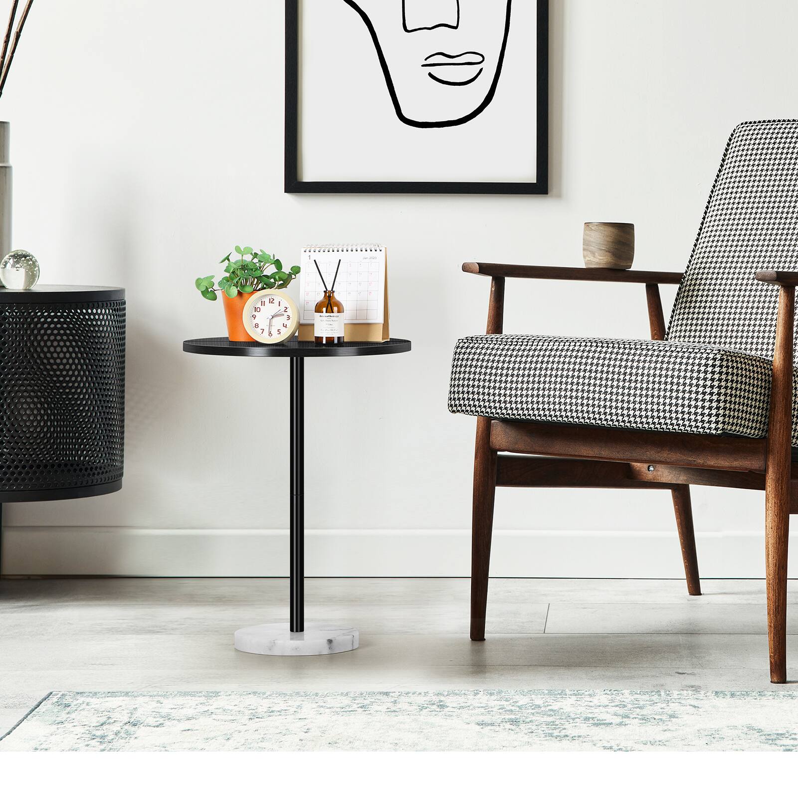 Alt View 1. Oumilen - Large Round Side Table with Marble Base, Black - White.