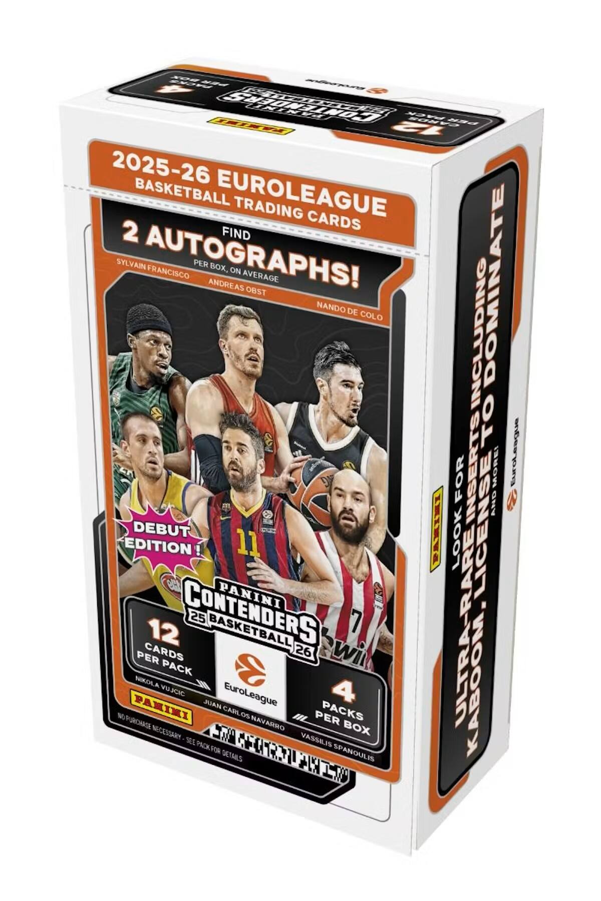 2025-26 EuroLeague Basketball Trading Cards  
2 Autographs per box, on average: Sylvain Francisco, Andreas Obst  
Debut Edition!  
Panini Contenders 26  
12 Basketball Cards per pack  
4 Packs per box  
Ultra-Rare Inserts to Look for: Nikola Vujcic, Juan Carlos Navarro, Vassilis Spanoulis  
No purchase necessary. See pack for details.  
EuroLeague License Included  
Find Sylvain Francisco Autographs!  
Including to Dominating Obsts  
Panini Kaboom!