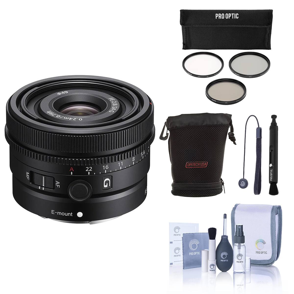 Bundle - FE 24mm f/2.8 G Lens for Sony E, with ProOptic 49mm Filter Kit, Lens Cap Tether, Lens Pouch, Lens Cleaner, price history on PriceWatchPro