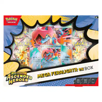 Pokémon Trading Card Game
Mega Evolution
Ascended Heroes
Mega Feraligatr ex Box
Includes:
- 1 Pokémon Card
- 1 Ultra Rare Card
- 1 Poster
6+
Mega Feraligatr ex
- 370 HP
- 200+ damage
- Mortal Crunch 200%
Feraligatr
- 200 HP
- 370 damage
- 200+ damage
- Mortal Crunch 200%